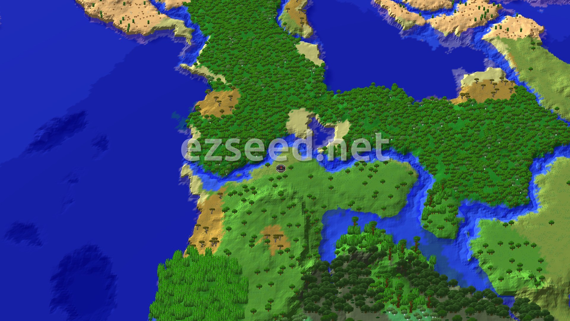 An overhead 3D render of a Minecraft world, showing a diverse landscape with a dense jungle in the foreground, rivers winding through it, and a sandy coastline leading to a large ocean. A small marker indicates the spawn point.