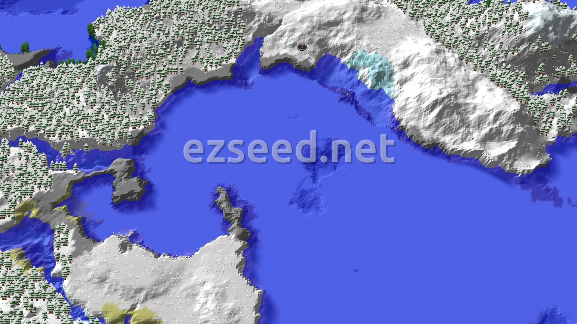 An overhead view of a snow-covered mountainous landscape with dense evergreen forests and a large frozen ocean, with a spawn marker in a snowy area.