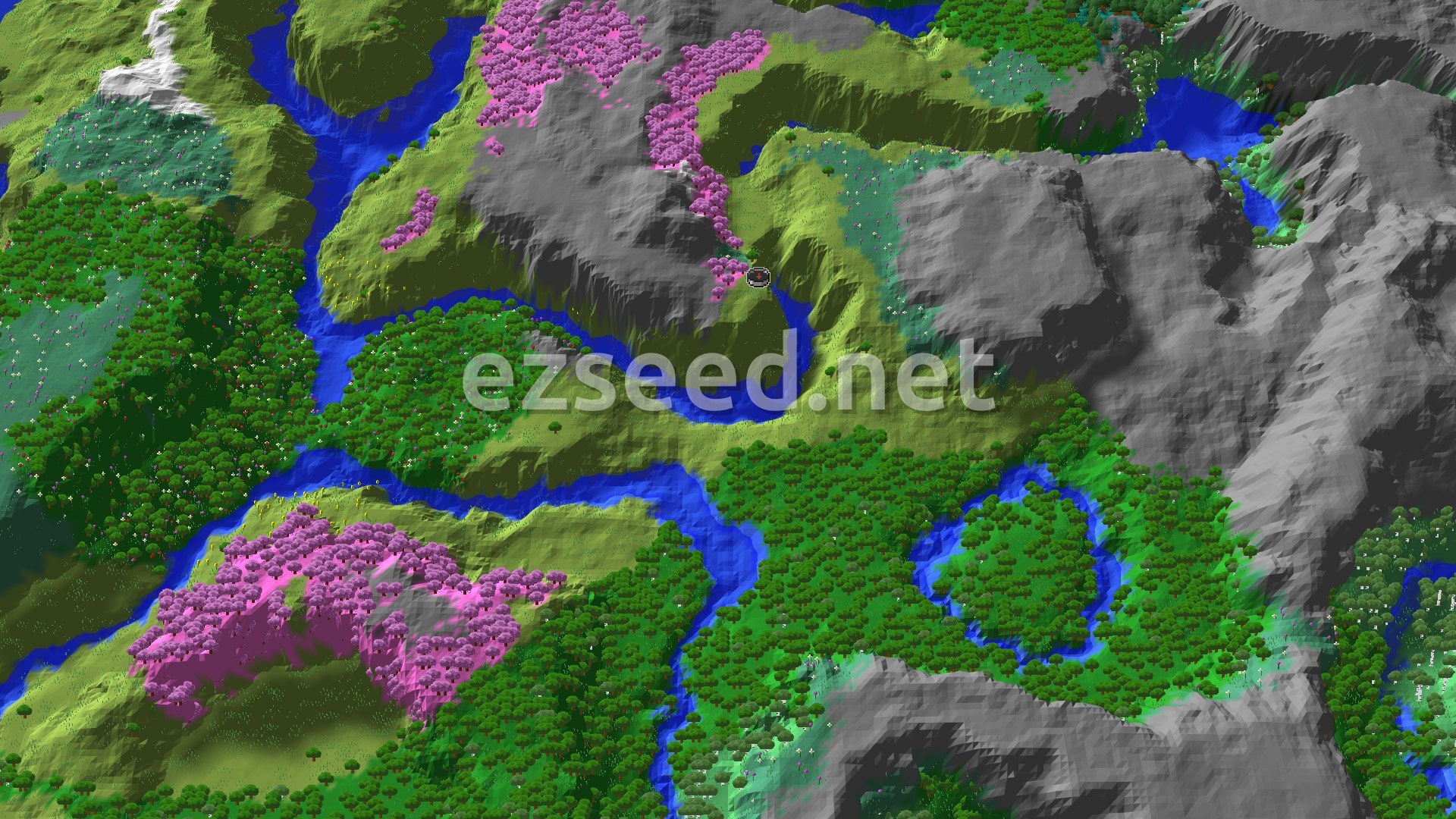 Aerial Minecraft seed map — Cherry Grove Mountains Near Spawn