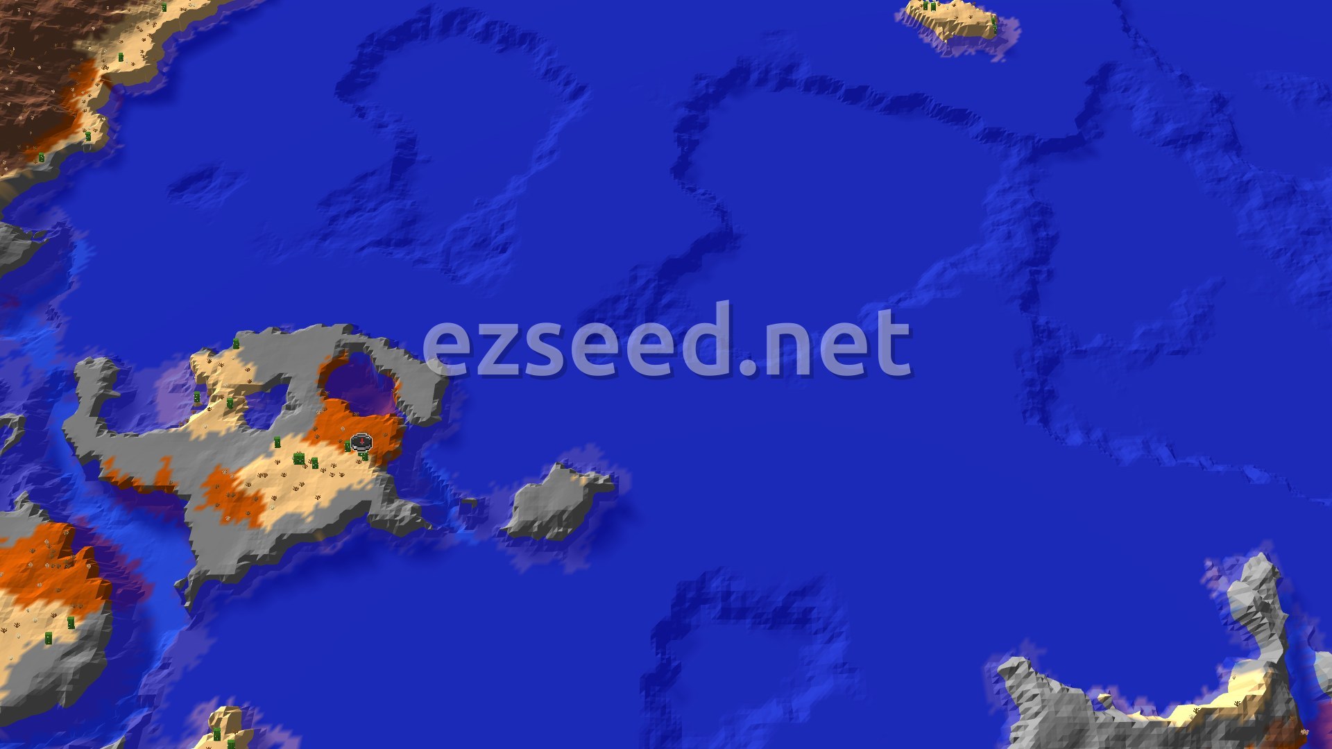 A 3D fly-over of a world dominated by warm ocean, with a large desert island and smaller islands scattered across the water.