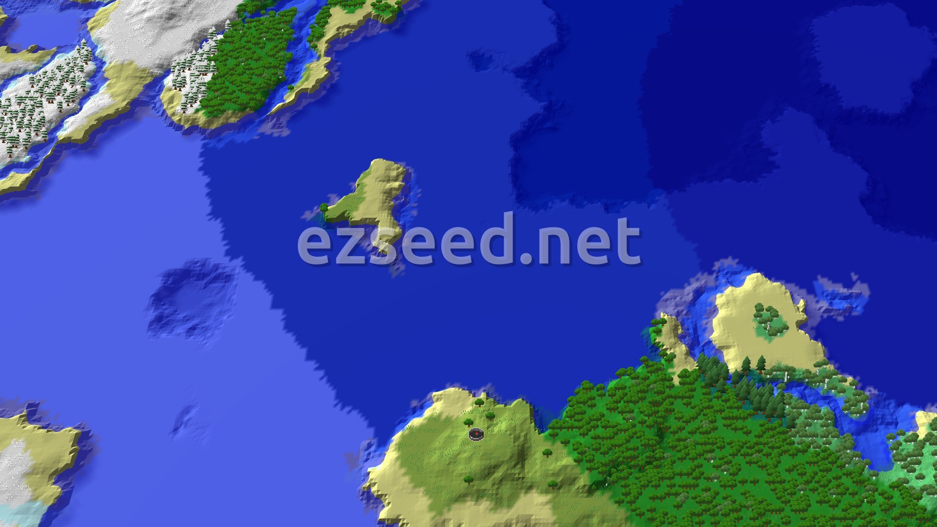 A 3D fly-over of a varied landscape, showing a central landmass with a spawn marker, surrounded by ocean, a large forest to the south-east, and snowy biomes with scattered trees to the north-west.