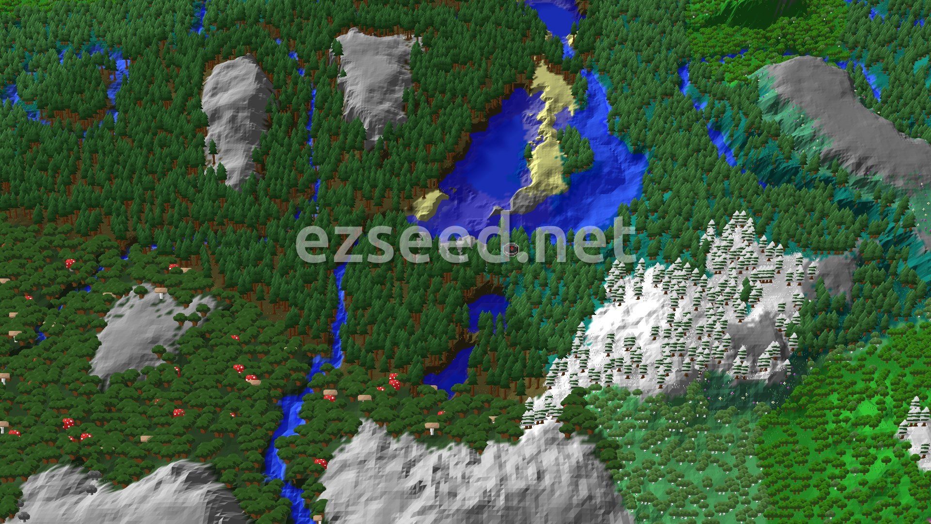 A 3D fly-over rendering of a Minecraft world showing a dense green Taiga forest with a winding blue river, some sandy shores, and a snow-capped mountain range to the southeast, with a small spawn marker in the center.