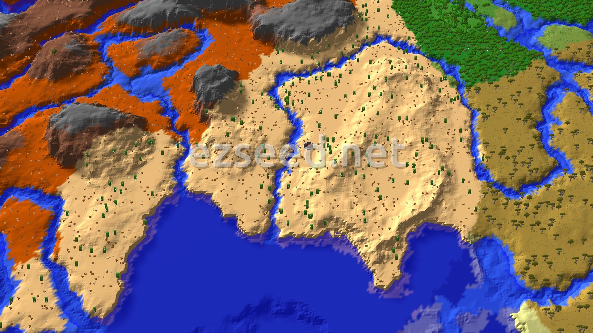 Aerial Minecraft seed map — Desert Spawn with Nearby Village and Badlands