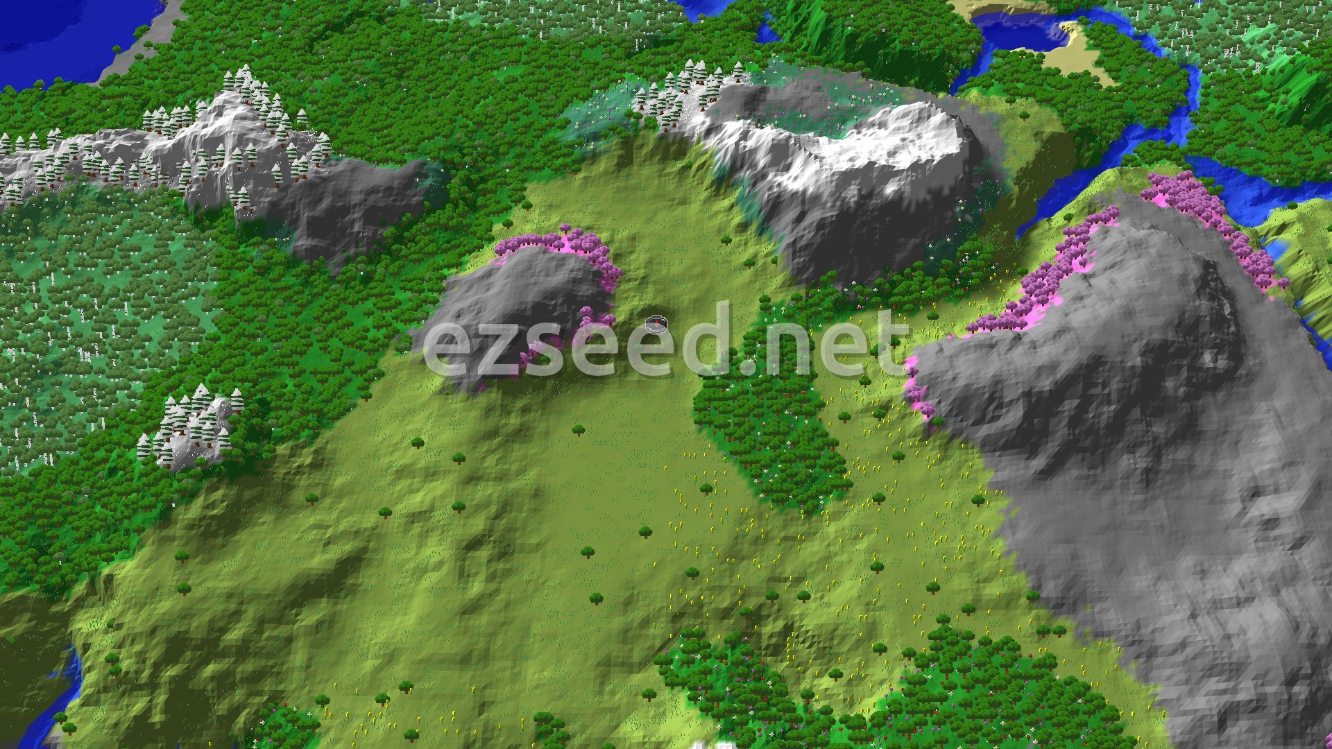 A bird's-eye view of a varied landscape, featuring green plains, dense forests, snow-capped jagged peaks, and patches of pink-leafed cherry grove trees.