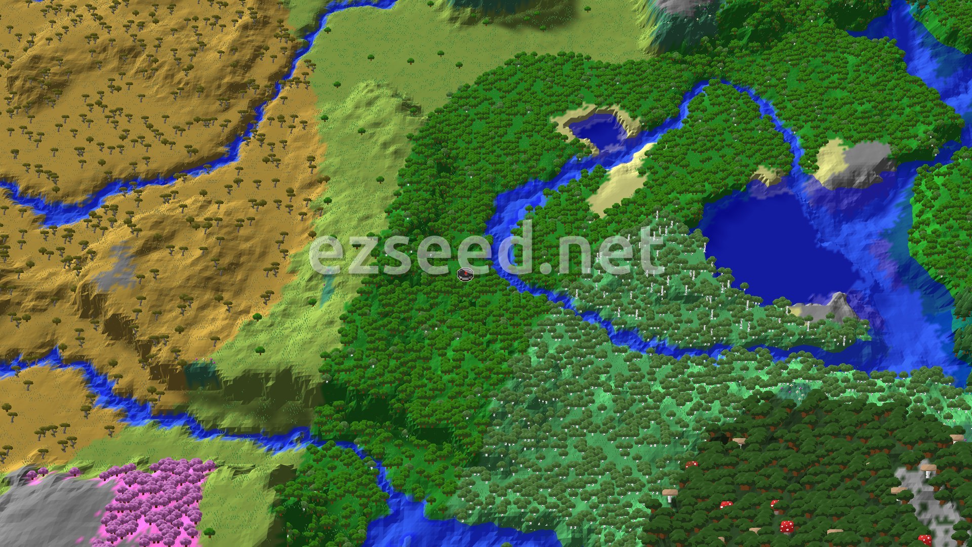 An aerial view of a vibrant green forest, cut by winding blue rivers, with golden savanna hills to the west and a large blue lake to the northeast. A patch of pink cherry trees is visible to the southwest, and a small spawn marker sits in the central forest.