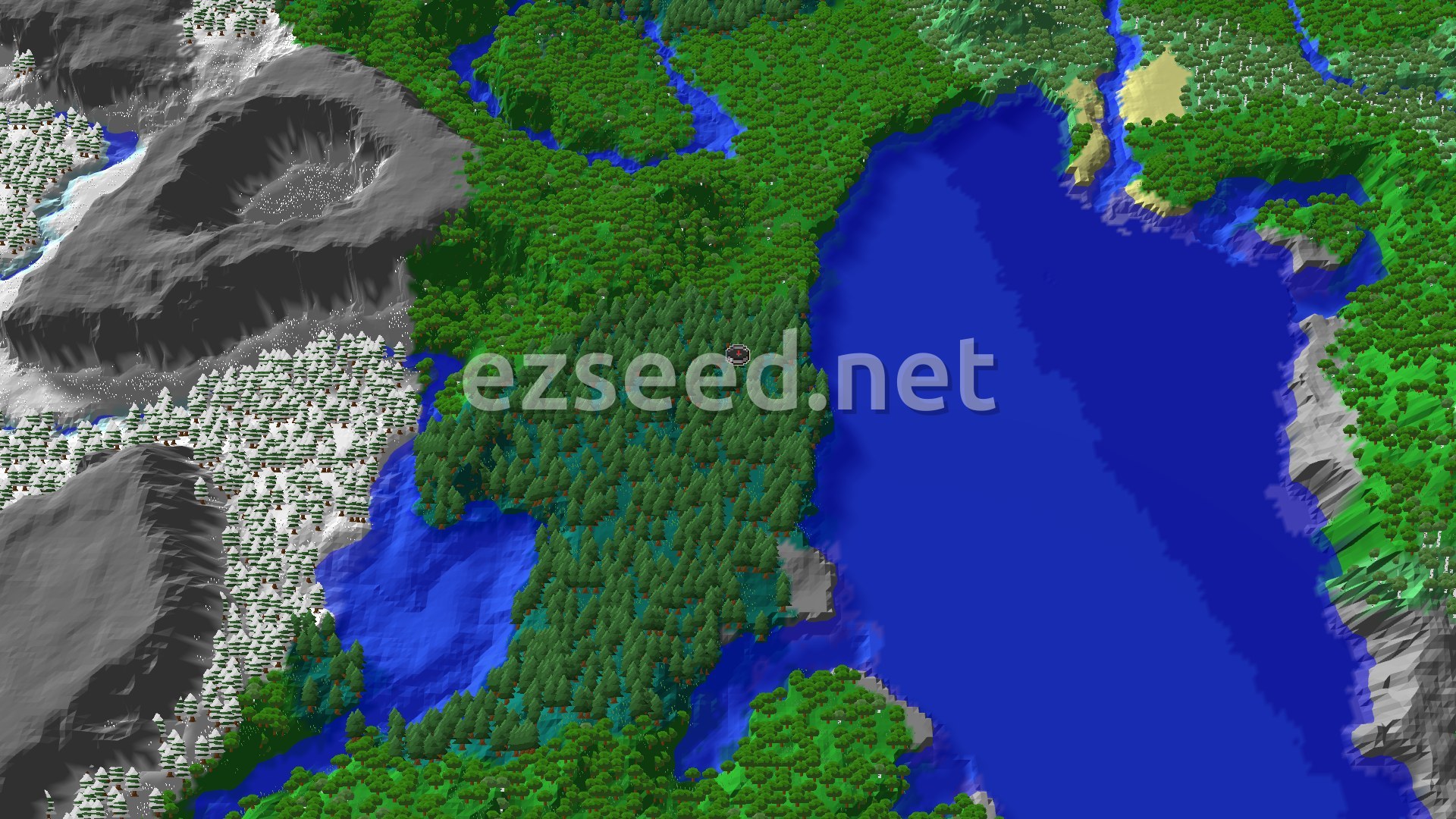 An overhead view of a diverse Minecraft landscape featuring a dense green forest, a vast blue ocean, and a snow-capped mountain range with jagged grey peaks.