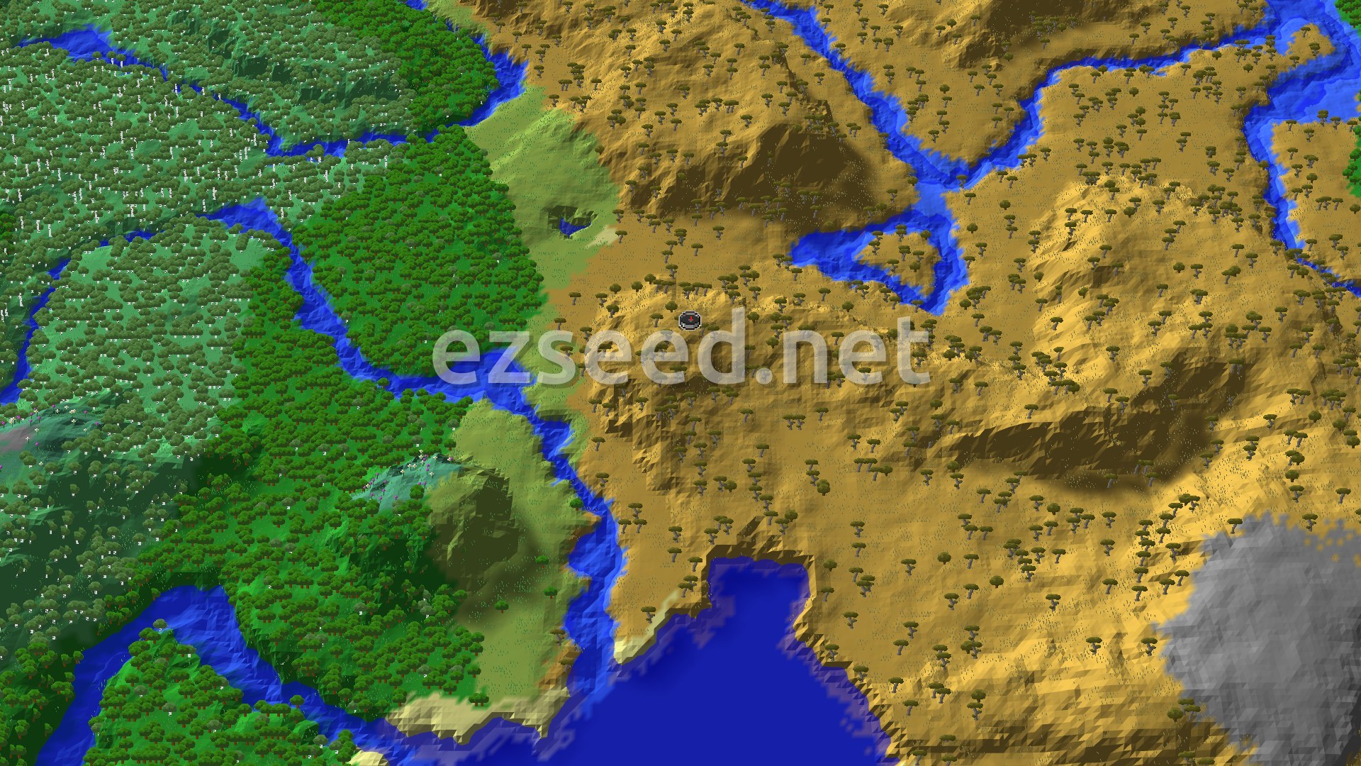 An aerial view of a savanna biome with rolling hills and scattered acacia trees, with a small lake visible and a subtle marker at the center indicating the spawn point.