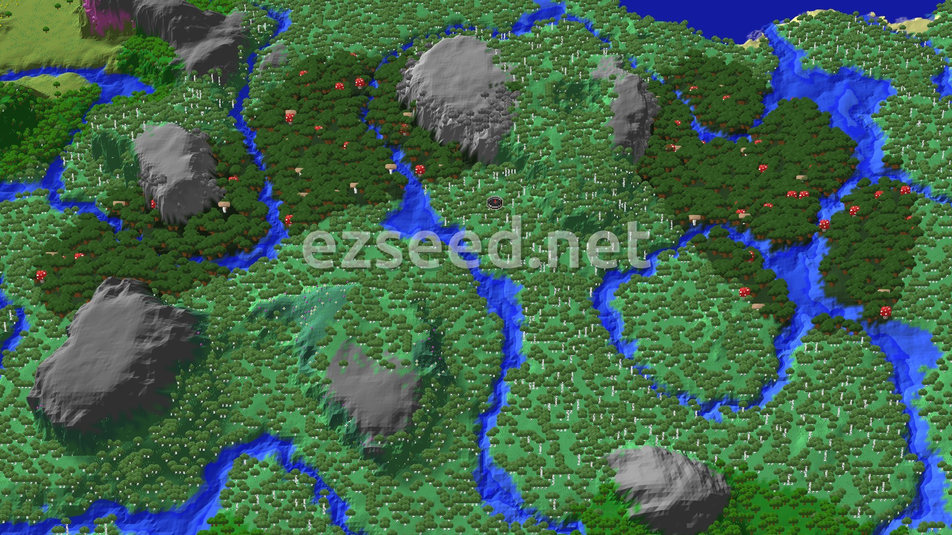 An aerial view of a varied forest landscape with a winding river system, several grey stone hills, and patches of darker forest with red mushrooms. A small spawn marker is visible in the center.