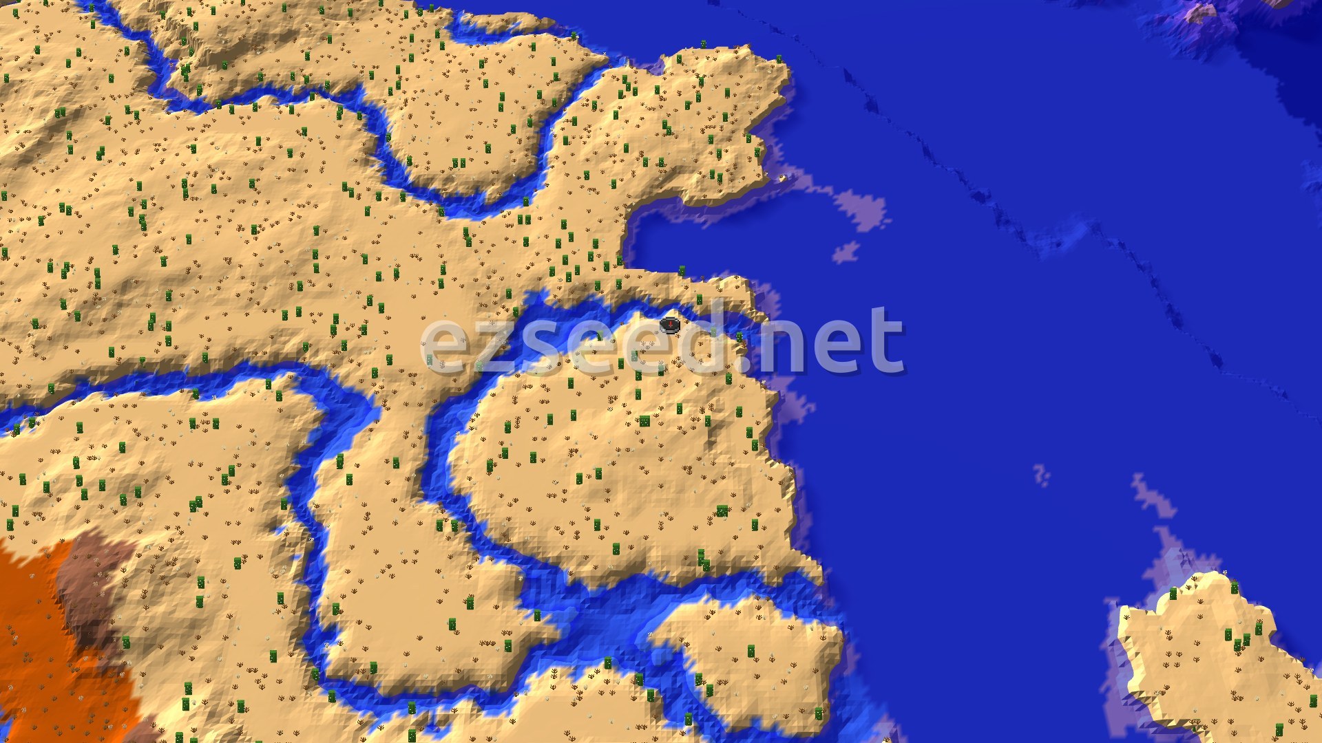A sweeping view of a desert biome featuring rolling sand dunes and some sparse vegetation, with a large warm ocean visible in the distance under a clear sky.