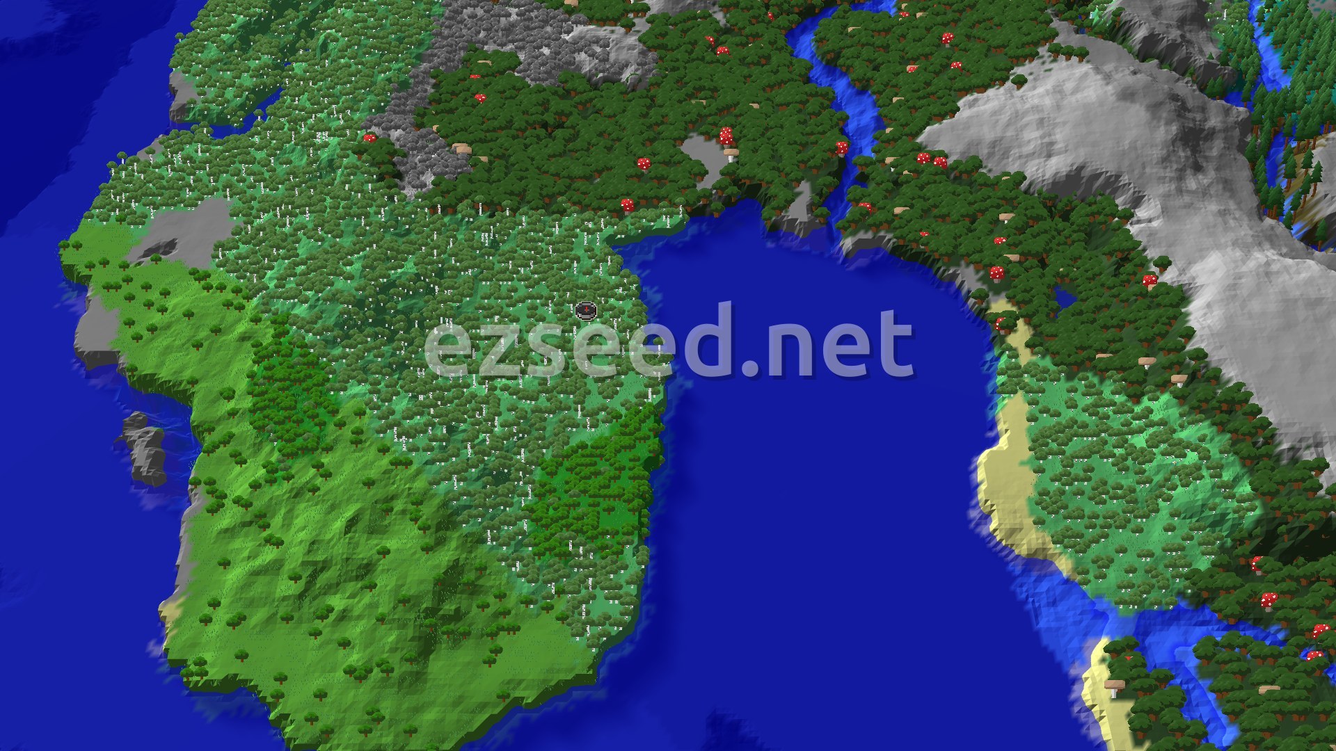 An aerial view of a diverse forest landscape with a mix of birch, dark, and regular forest biomes, bordered by ocean and some scattered red mushroom trees. A river flows through the scene, and there are some hilly, grey stone areas.