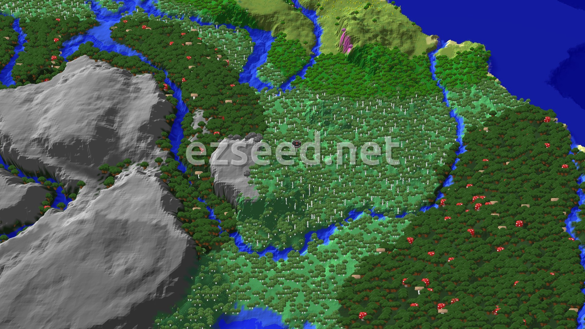 Aerial Minecraft seed map — Pale Garden and Dark Forest Near Birch Spawn