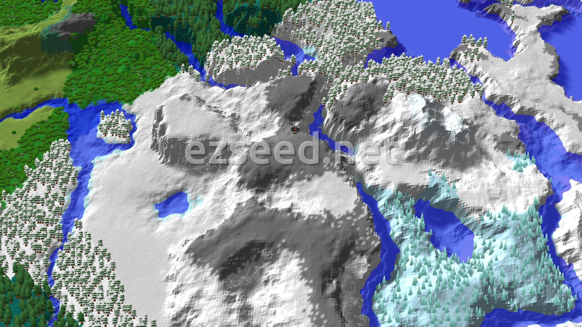 An aerial view of snowy mountains and plains, with scattered patches of dark green forest and winding blue rivers, under a clear sky.