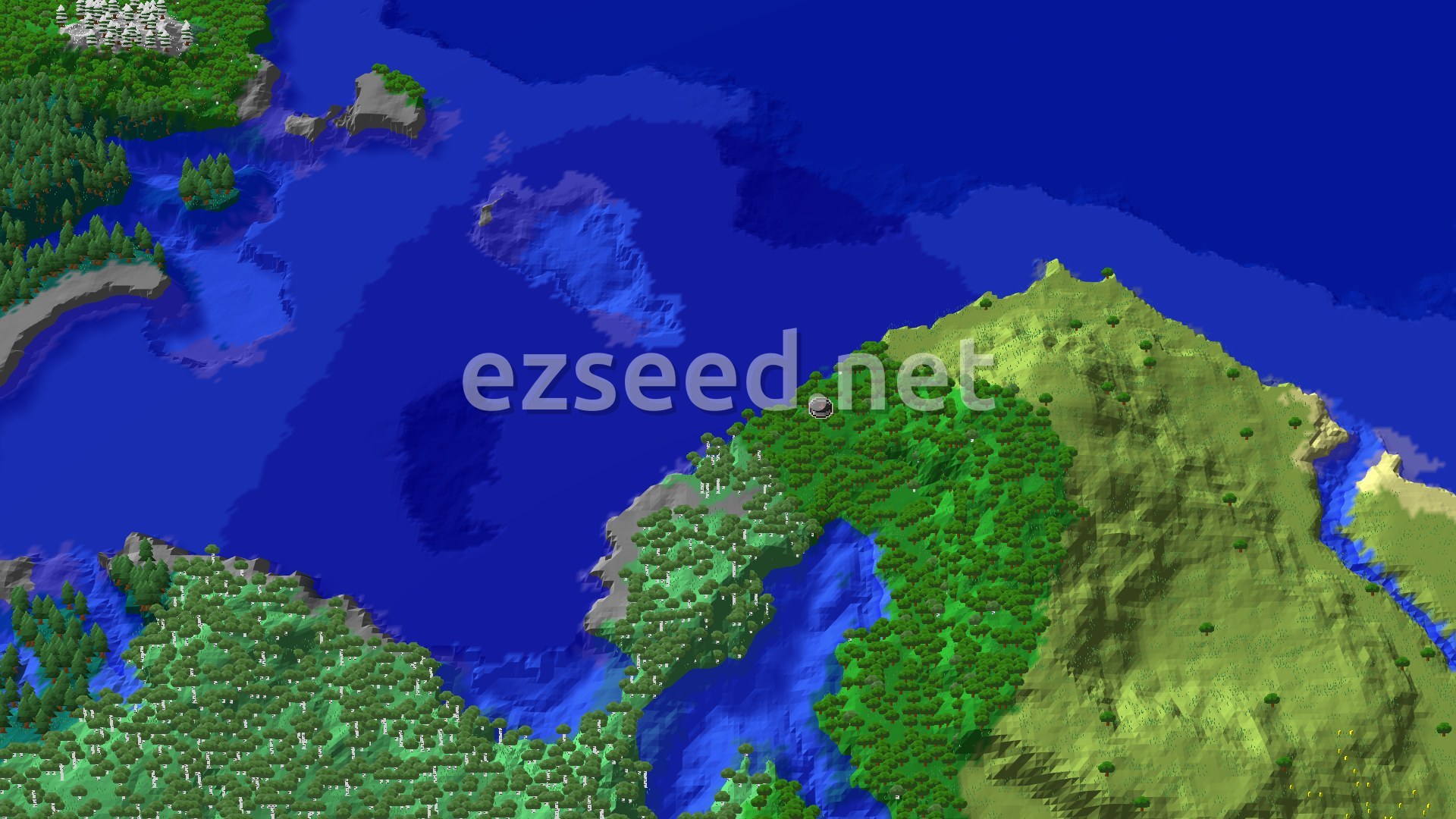 Aerial Minecraft seed map — Forest Spawn with Nearby Village and Trial Chambers