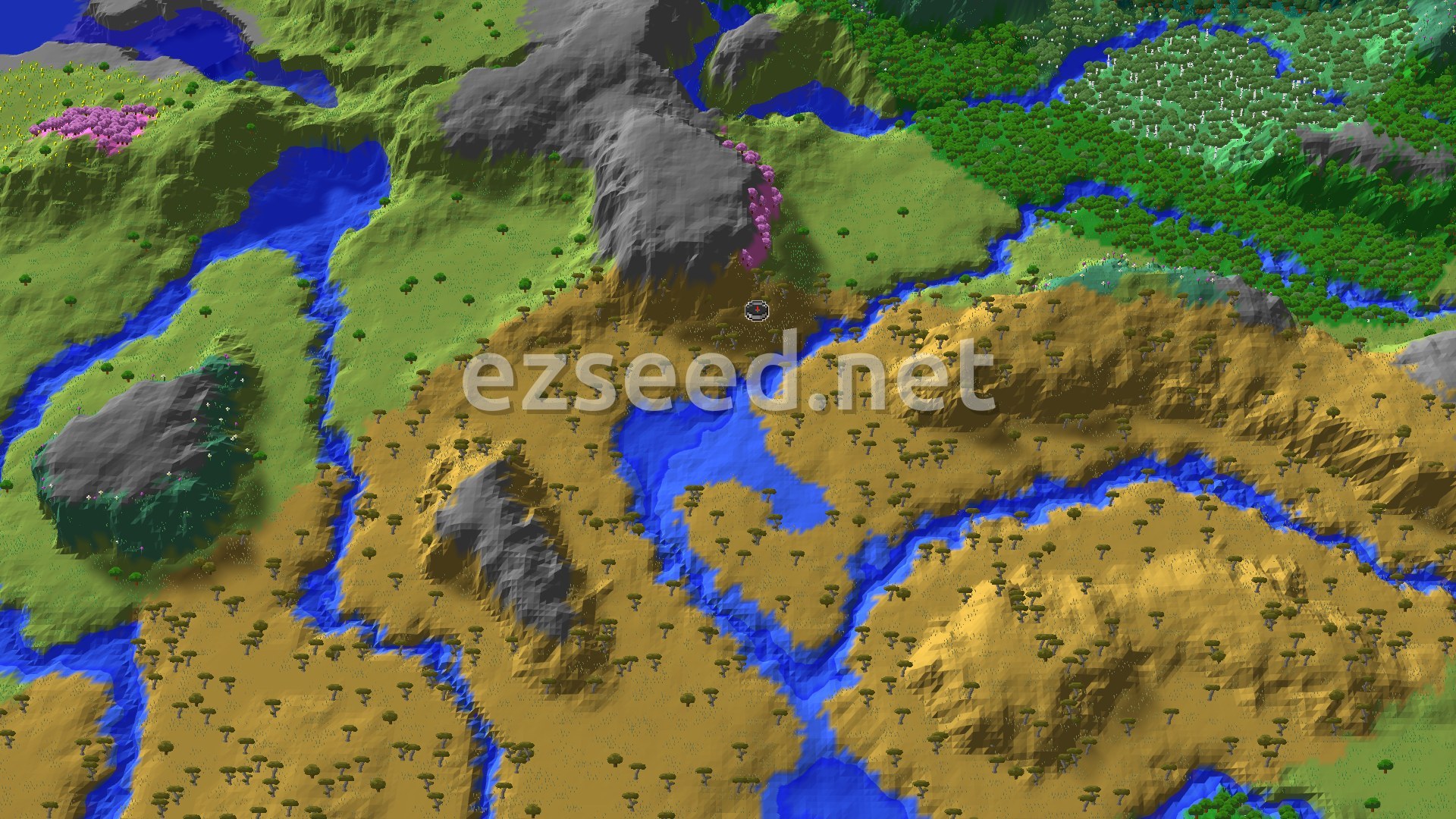 A 3D fly-over of a varied landscape, showing a central savanna with scattered acacia trees, winding blue rivers, and rolling green hills. A distinct patch of pink cherry trees is visible to the north, nestled amongst darker green forests and grey mountains.