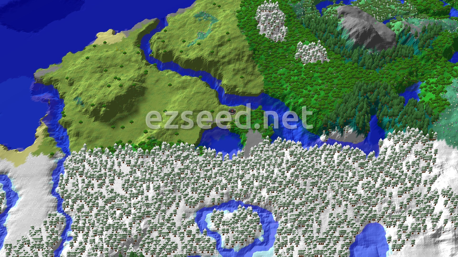 An overhead view of a diverse landscape with plains, forests, and snowy biomes, bisected by a river, under a clear sky.