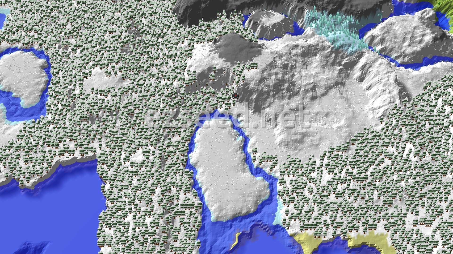 An aerial view of a snow-covered forest, dotted with bare patches of white ground and frozen bodies of water, with a spawn marker in the center.