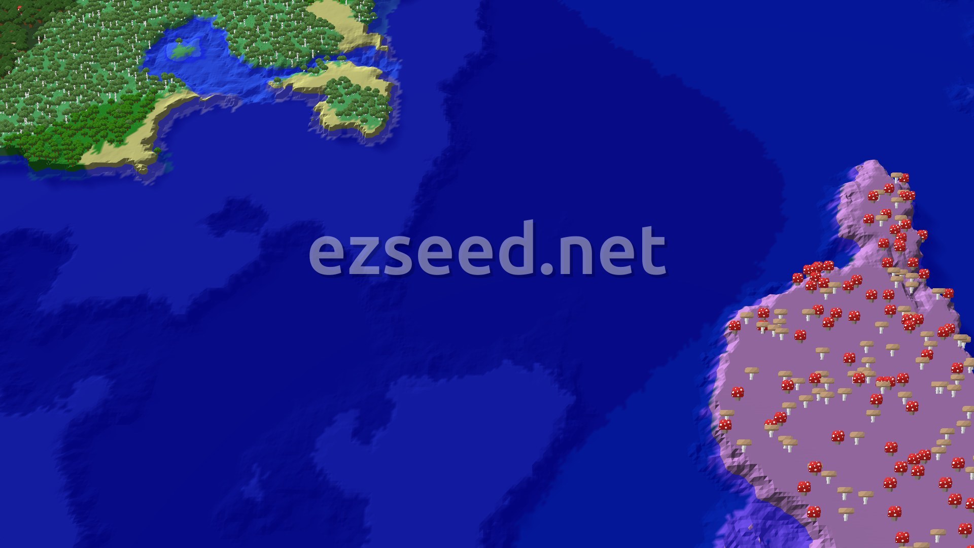 A lush, green peninsula covered in a flower forest, extending into a wide ocean. The terrain is gently rolling with varied tree types and open water.
