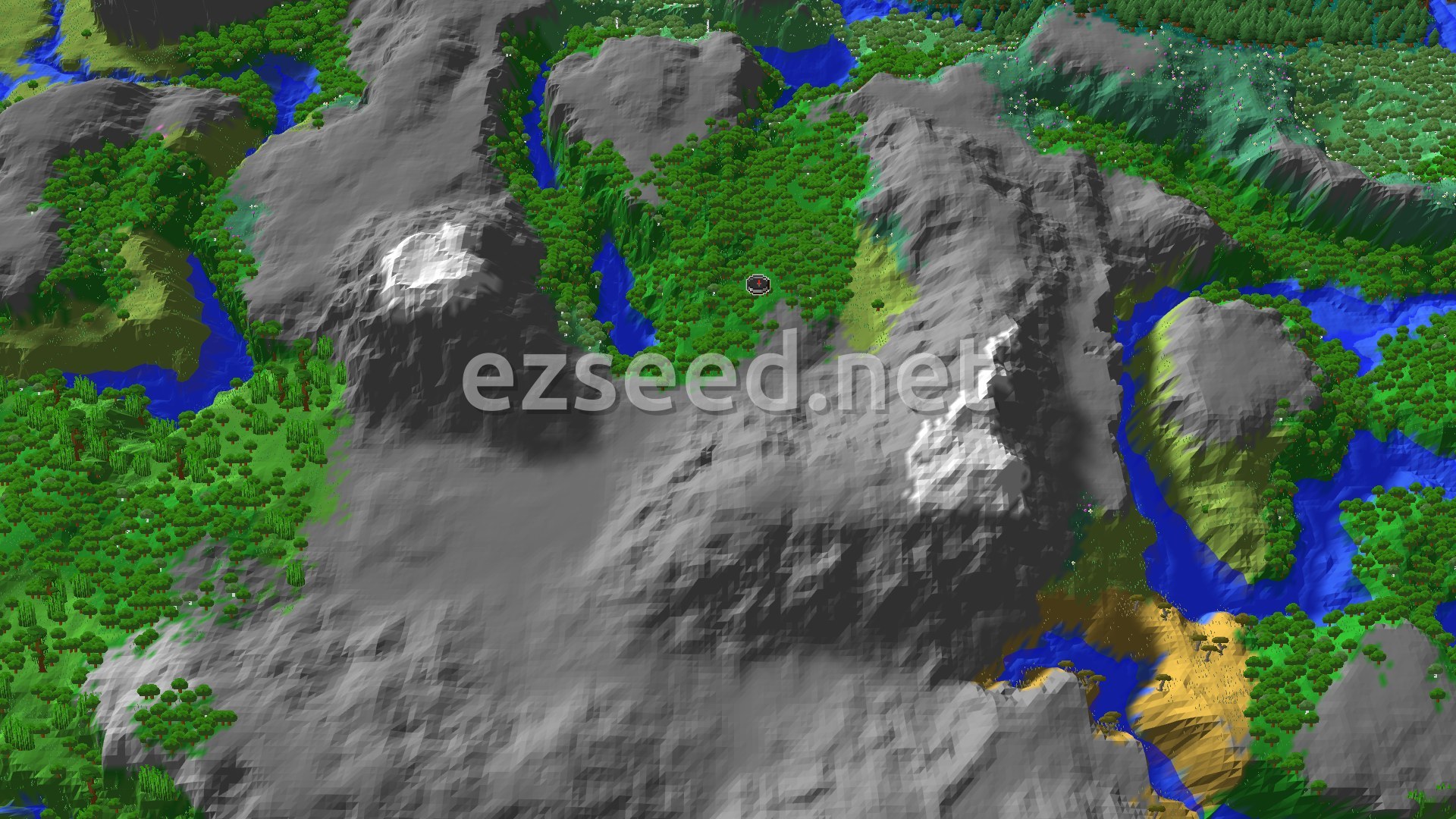 A 3D fly-over rendering of the seed's spawn area, showing a dense forest at the center with surrounding mountains, rivers, and patches of other biomes.
