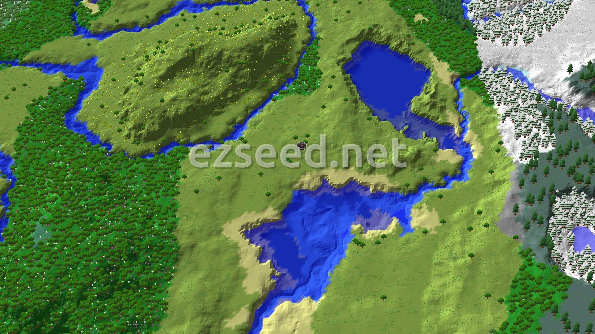 A 3D fly-over rendering of a Minecraft world, showing a plains biome at the center with a river winding through it, surrounded by forests and a snowy taiga in the distance. A small lake is visible to the northeast of the spawn marker.