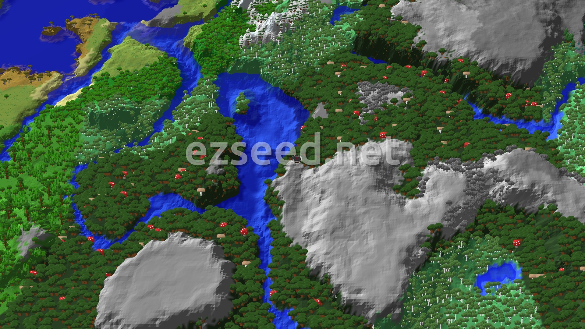 A bird's eye view of a dense Dark Forest biome, with scattered red and white mushrooms, bordered by a winding river and some grey, rocky mountains. A small spawn marker sits in the center.
