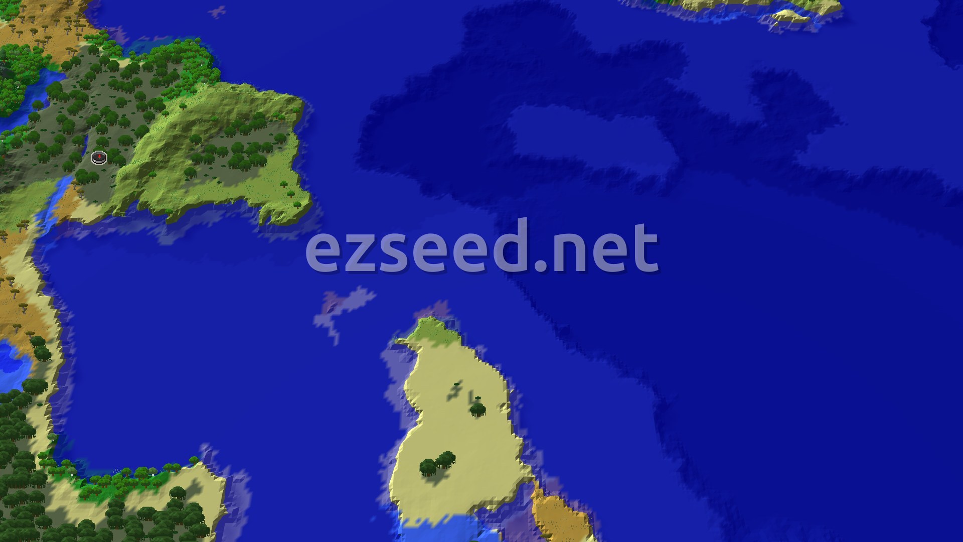 Aerial Minecraft seed map — Swamp Spawn With Four Structures Nearby