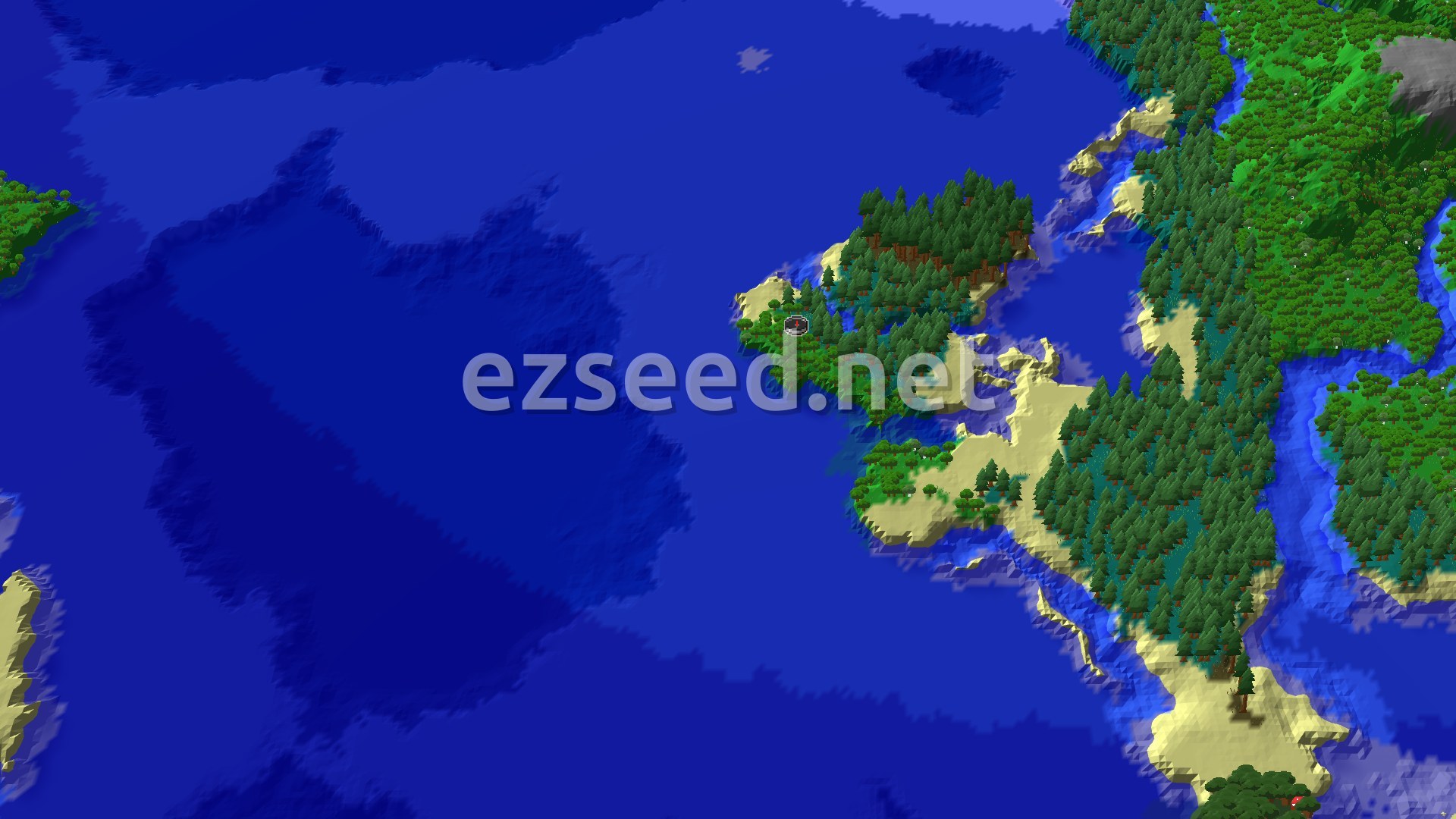 A bird's-eye view of a forested coastline, with a small island near the shore and a river winding inland. A spawn marker is at the center of the forest.