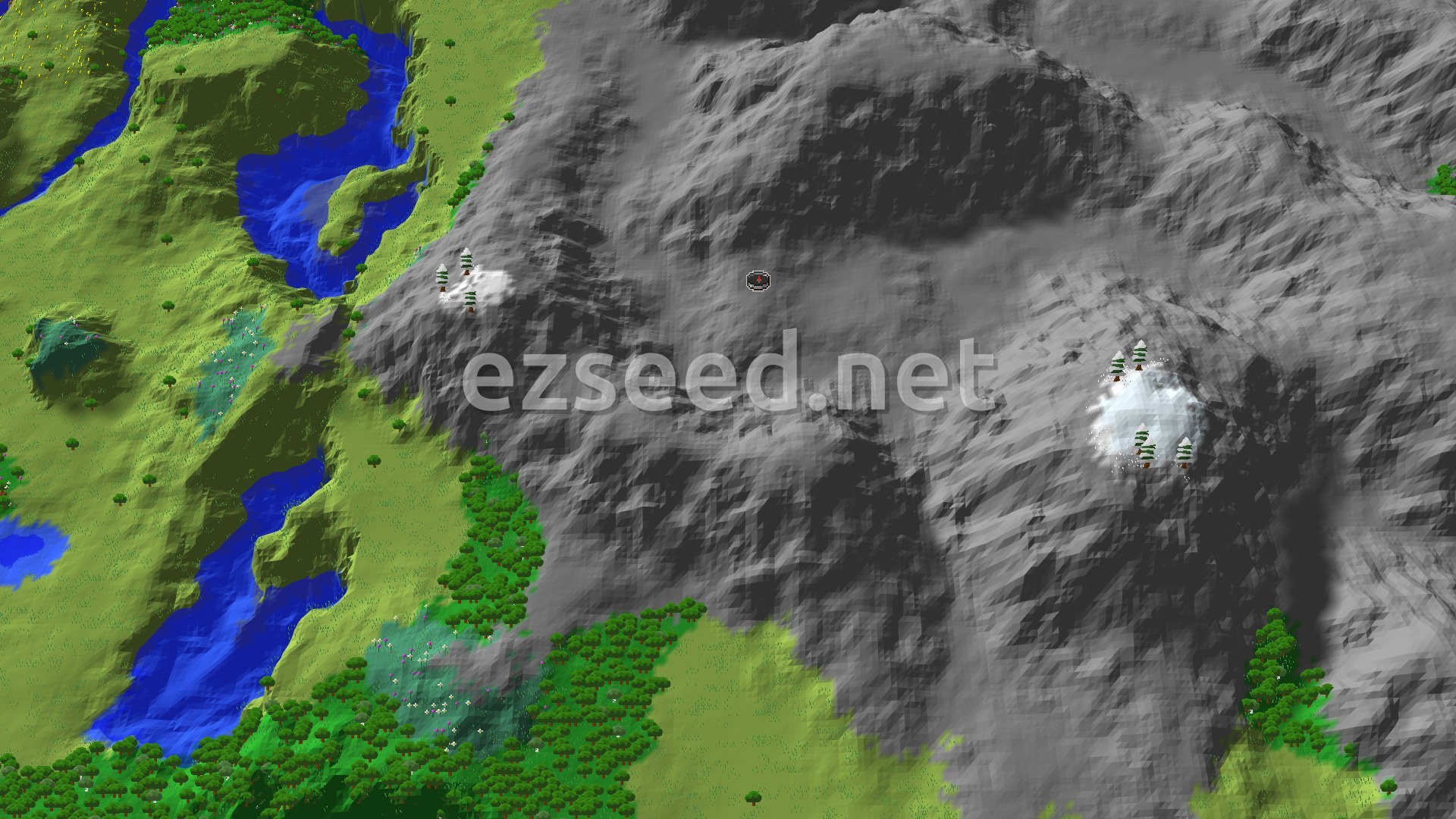 An aerial view showing a central spawn marker on a gray, rugged mountain range, with green forests and blue rivers to the left.