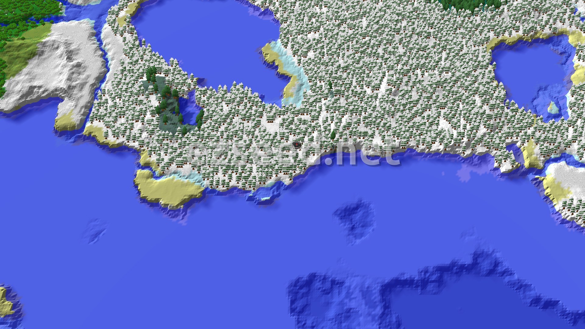 A 3D fly-over of a snow-covered taiga forest bordering a large ocean, with a small spawn marker in the center.