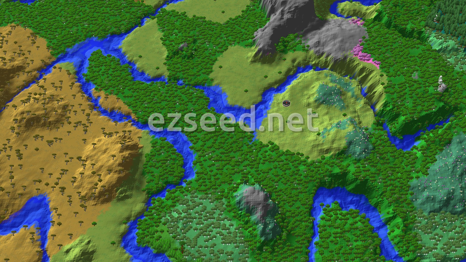 Aerial Minecraft seed map — Cherry Grove and Village Near Spawn