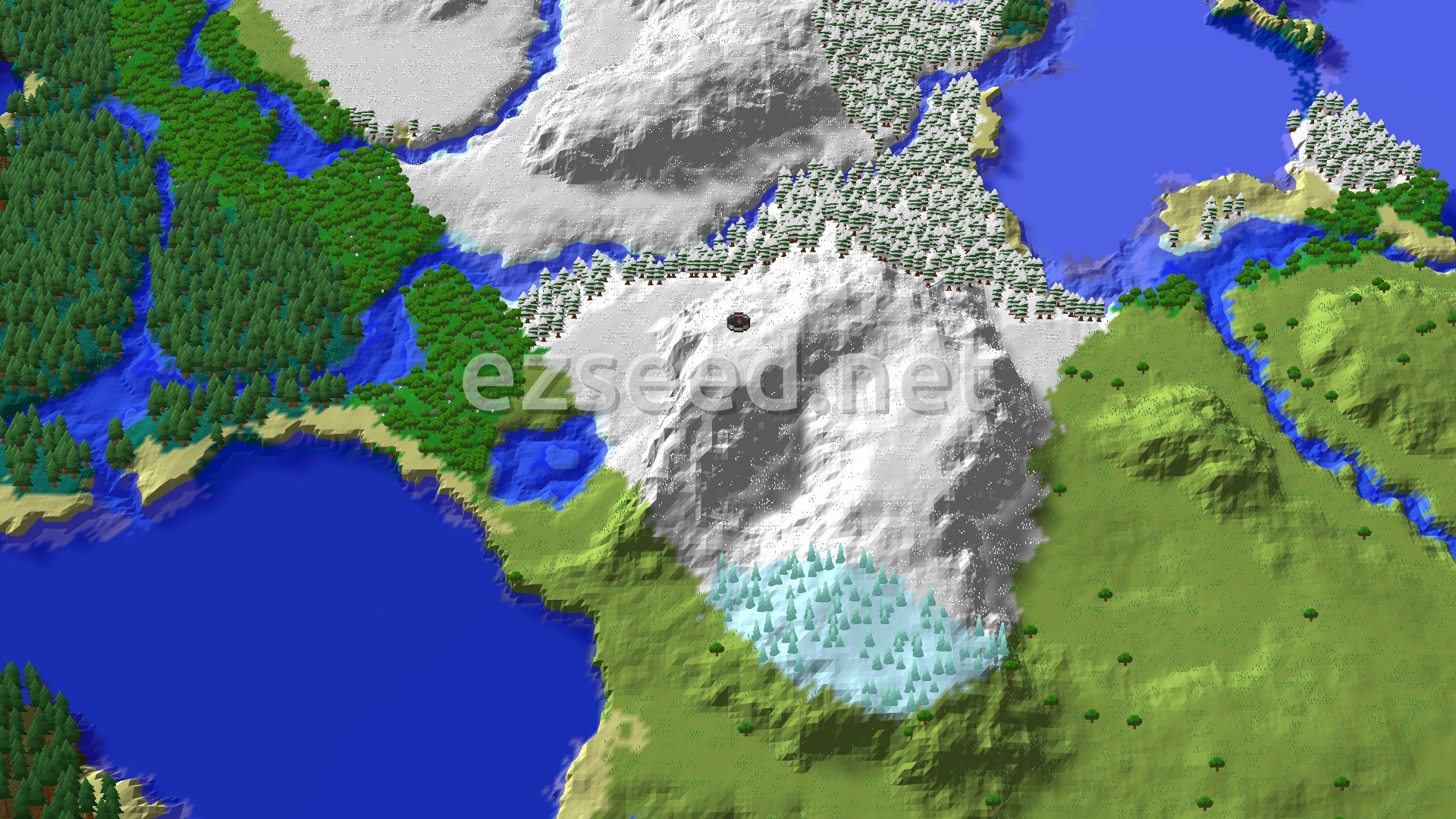 A 3D fly-over of a snowy, forested, and plains landscape, with a small spawn marker in the center of the snowy area, near a dark patch of trees.