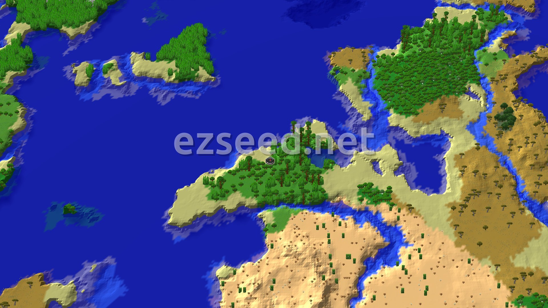 A 3D map showing a lush jungle island surrounded by water, with a small spawn marker in the center of the jungle.