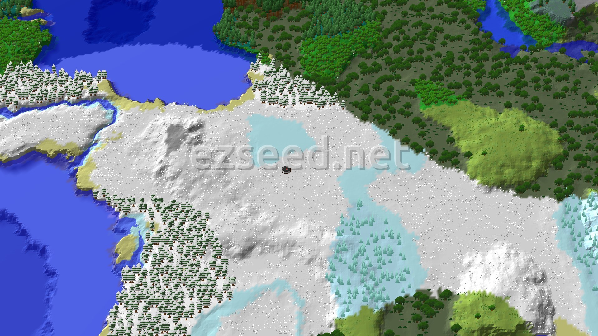 A 3D fly-over of a snowy landscape with a mix of evergreen and deciduous trees, a frozen river, and a small black spawn marker in the center.