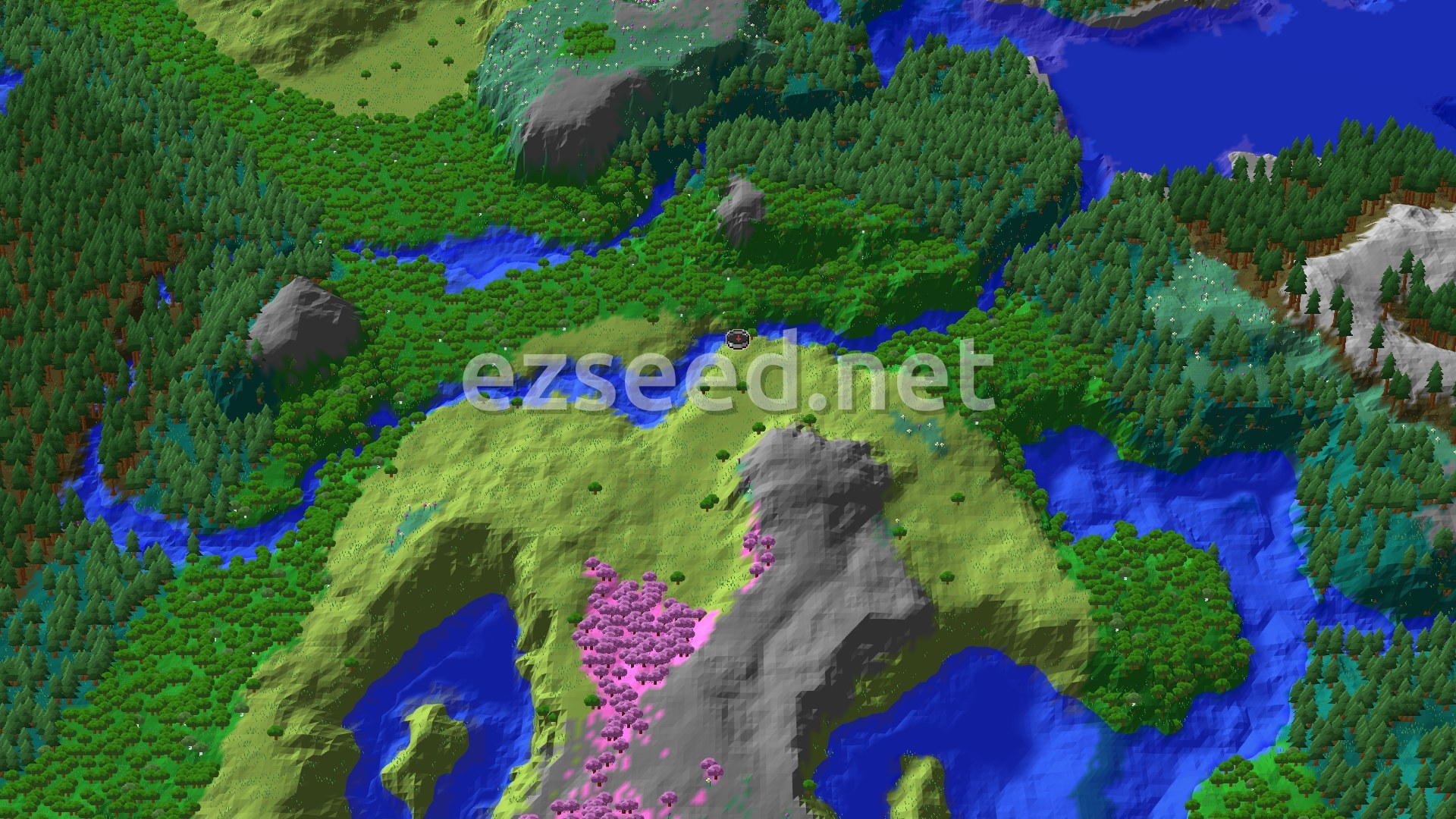 An aerial view showing a verdant landscape with rolling green hills, dense forests, and winding blue rivers. A distinct patch of pink cherry trees is visible near a gray mountain, and a small spawn marker sits in the center.