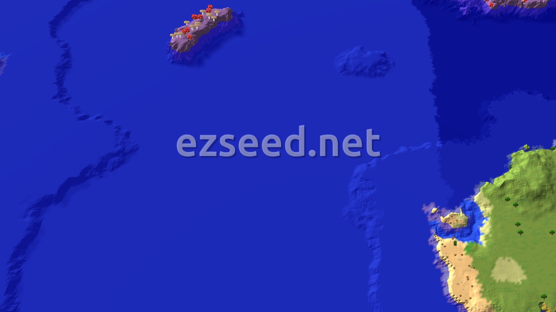 A 3D fly-over of a large ocean with a mushroom fields island in the upper middle and a continent to the lower right, featuring beaches, forests, and hills.