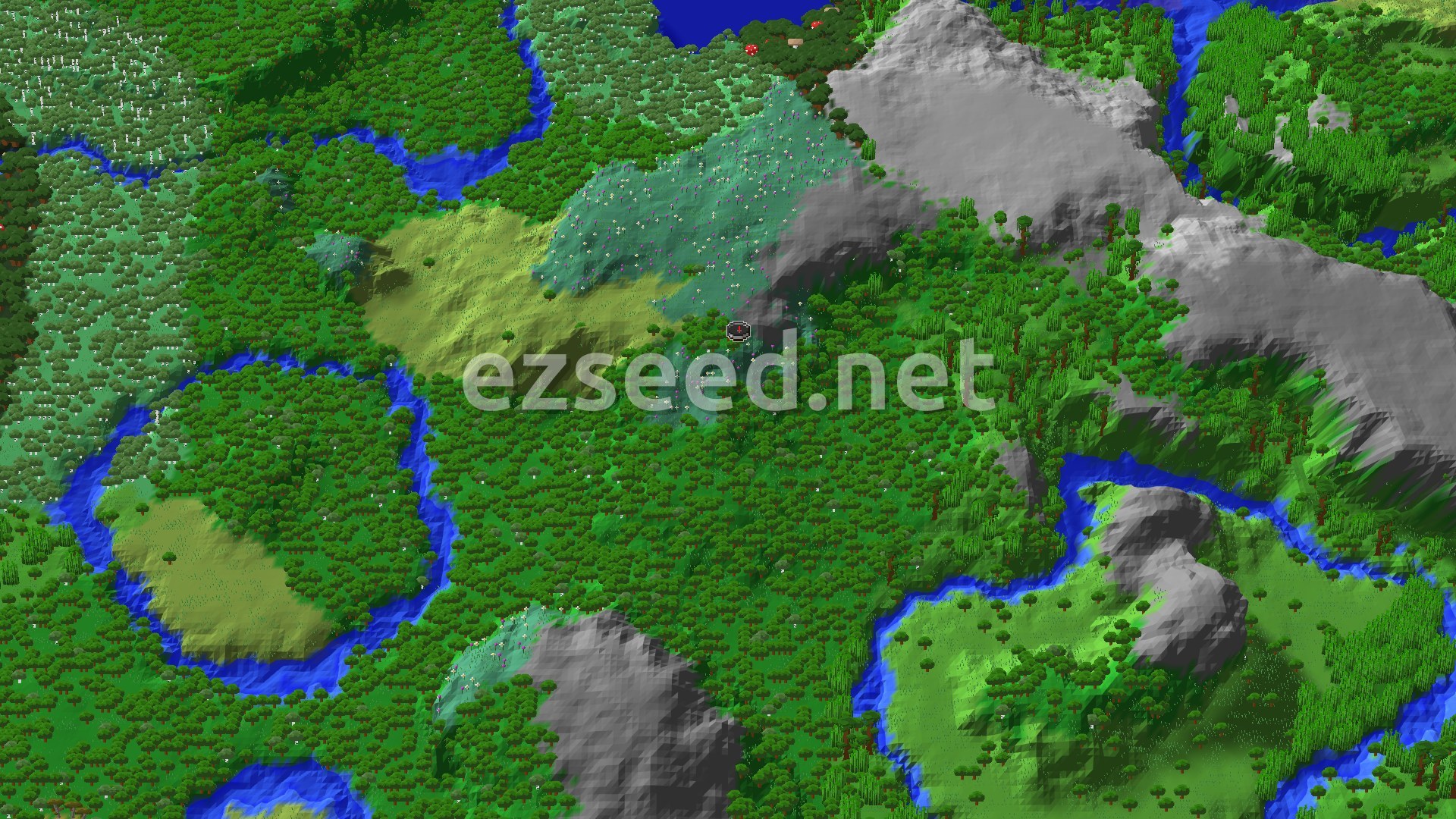 An overhead 3D view of a Minecraft world, showing dense green forests, a winding blue river, patches of lighter green meadow, and grey rocky mountains. A small spawn marker is visible near the center.