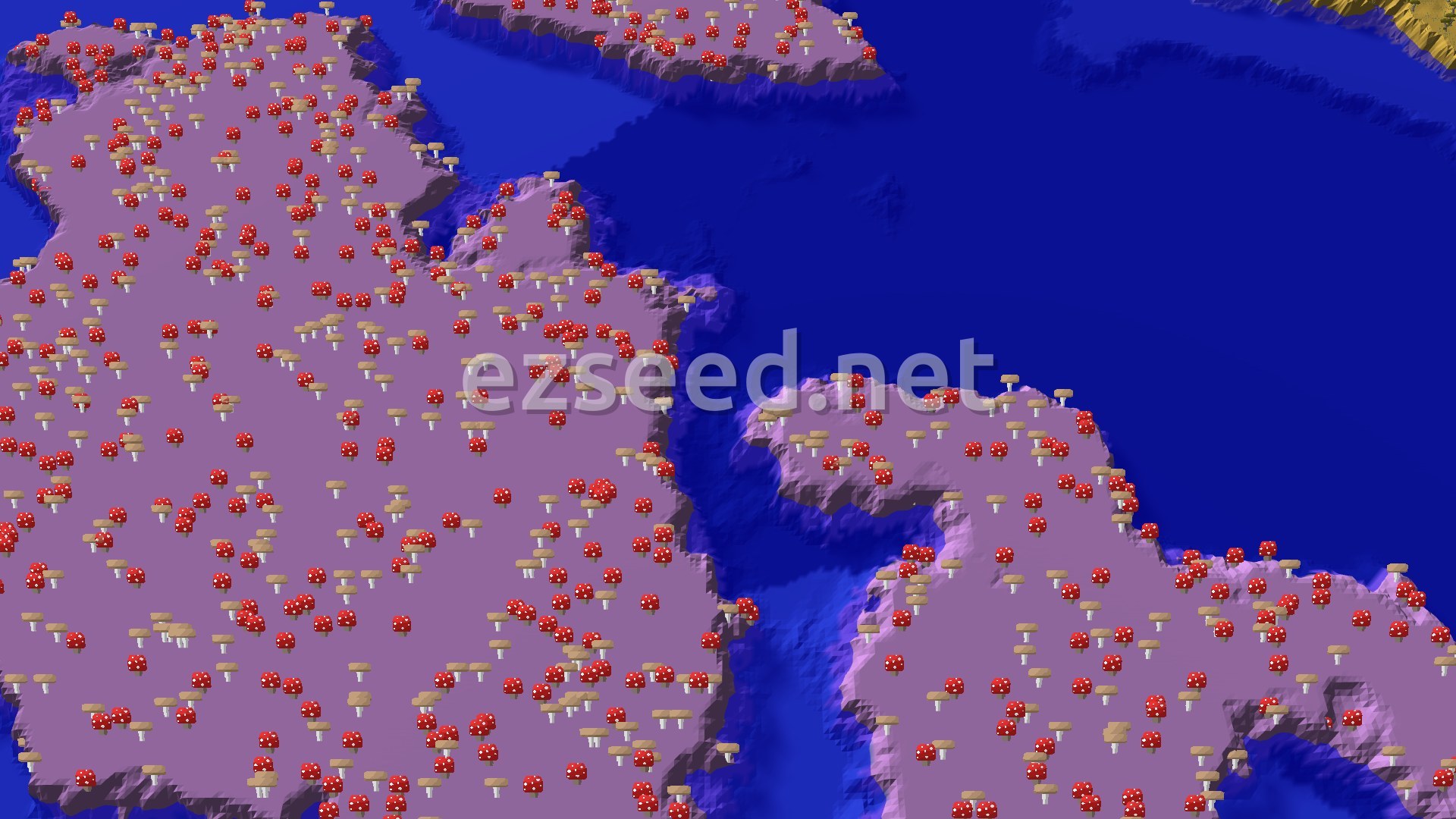 A vast, purple Mushroom Fields island dotted with red mushrooms and some small brown mushrooms, surrounded by deep blue ocean, with a hint of sandy terrain to the right.