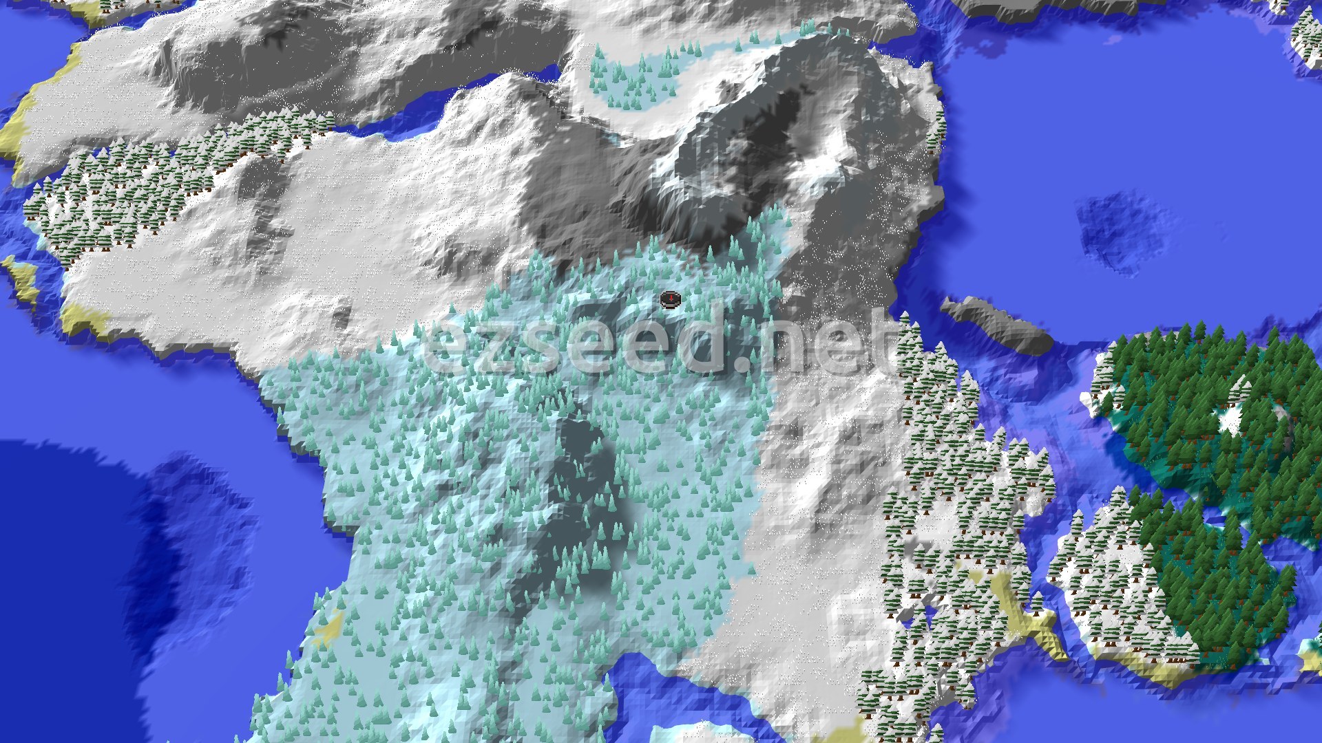 A 3D render of a snowy landscape with a mix of ice spikes and snow-covered trees, surrounded by water, with a small spawn marker in the center.