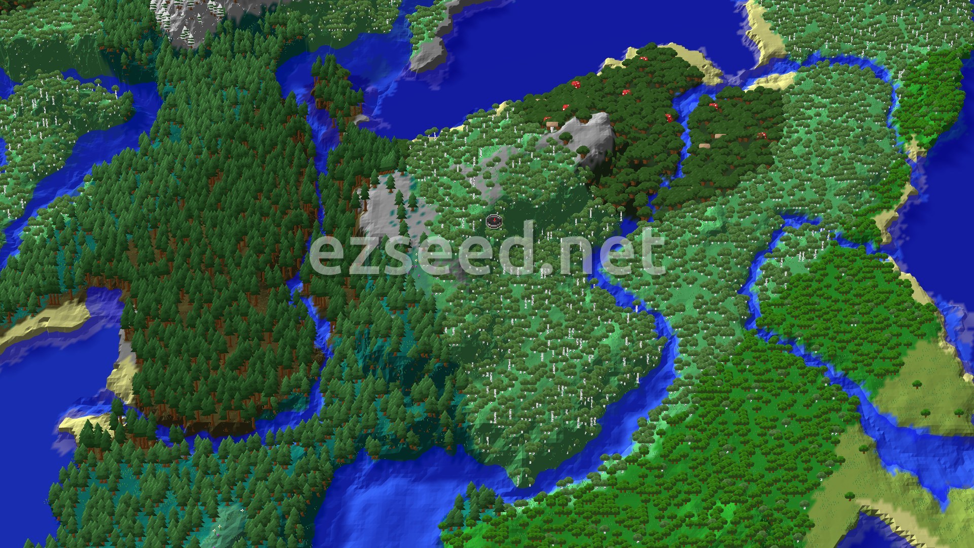 A 3D fly-over of a varied landscape, showing a large birch forest surrounding the spawn marker, with patches of darker forest and some small hills and rivers.