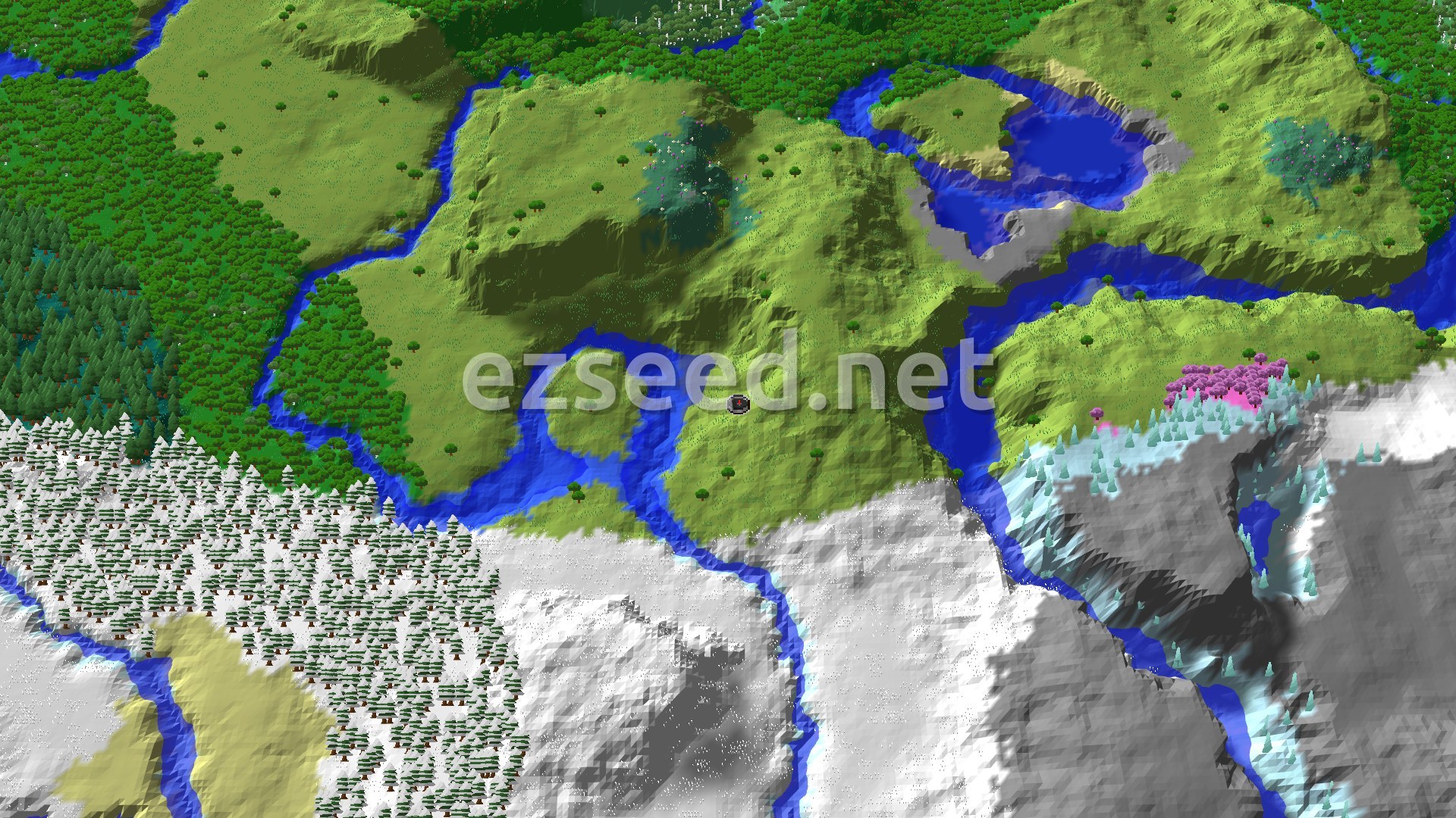 A 3D fly-over of a varied landscape, showing green plains and forests to the north, flowing rivers, and a large snowy, mountainous region to the south, with a small patch of pink cherry trees.