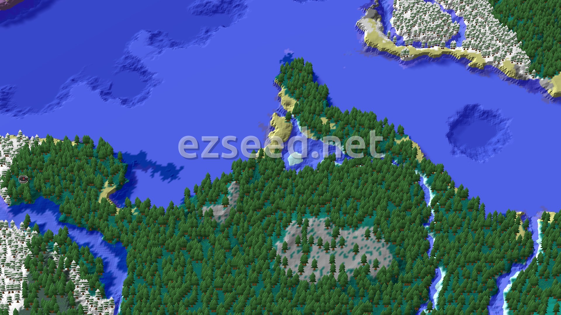 An overhead view of a snow-dusted taiga forest meeting a large body of water, with a small beach strip.