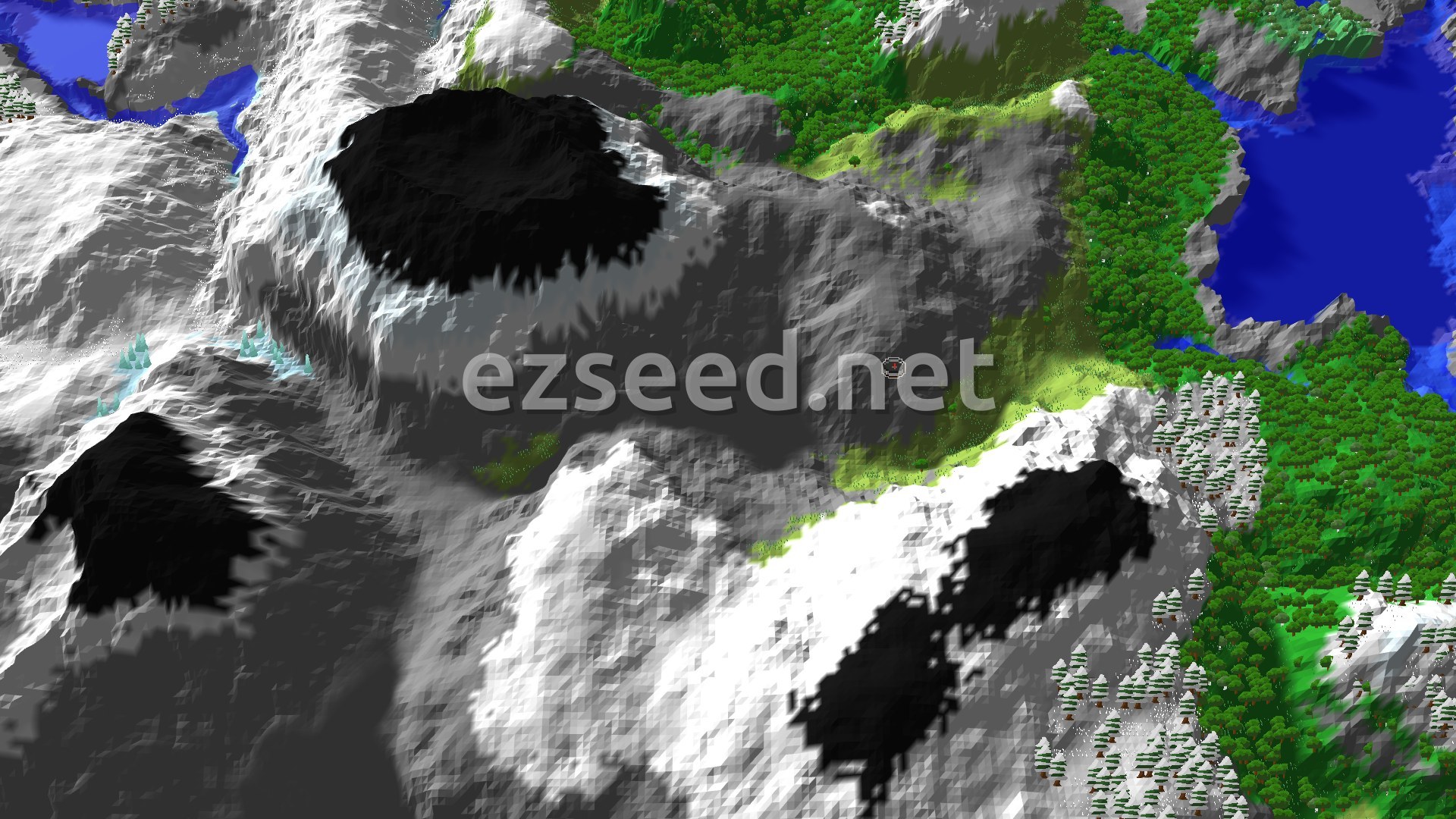 An aerial view of snowy mountains with dark peaks, green forests, and a body of water in the distance. A small marker indicates the spawn point on a grassy plain.