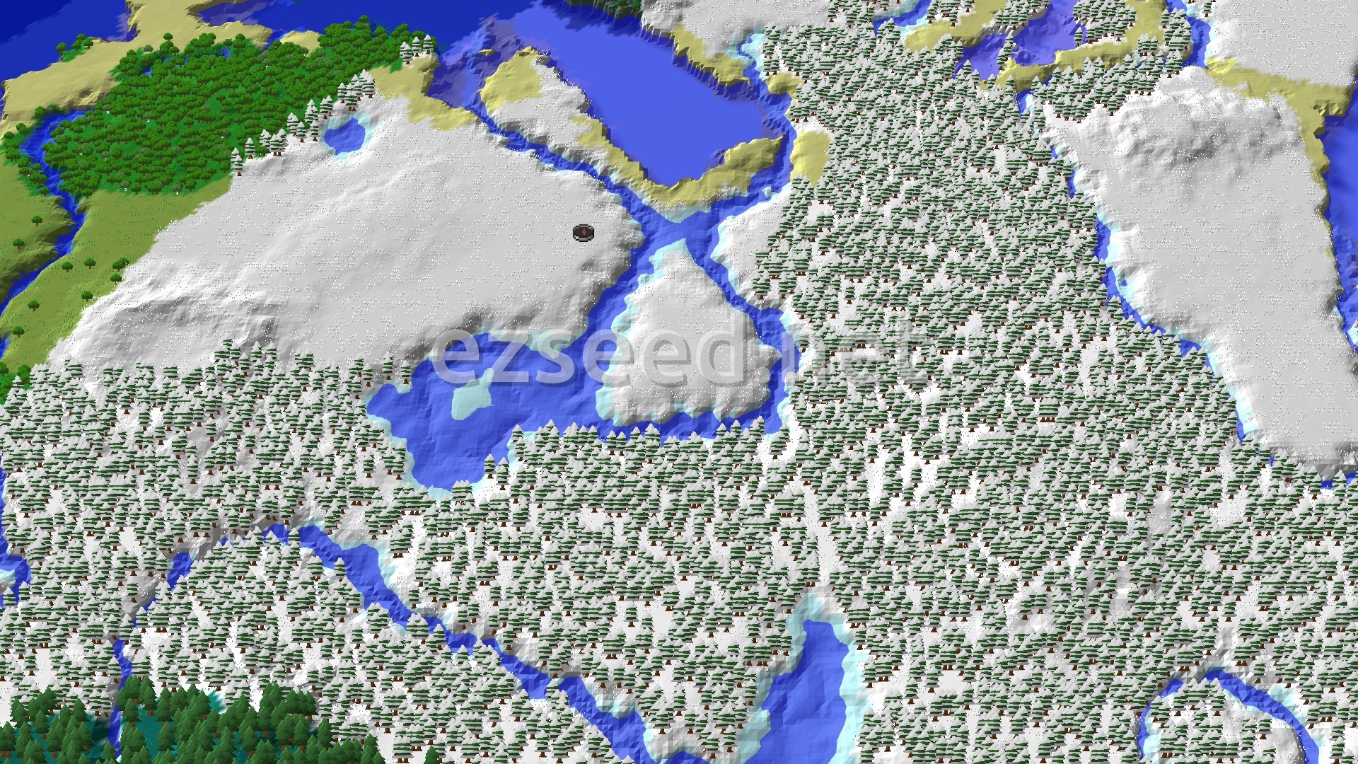 A vast snowy landscape with large forests of spruce trees, icy rivers, and frozen oceans, bordering a greener plains biome to the north-west.