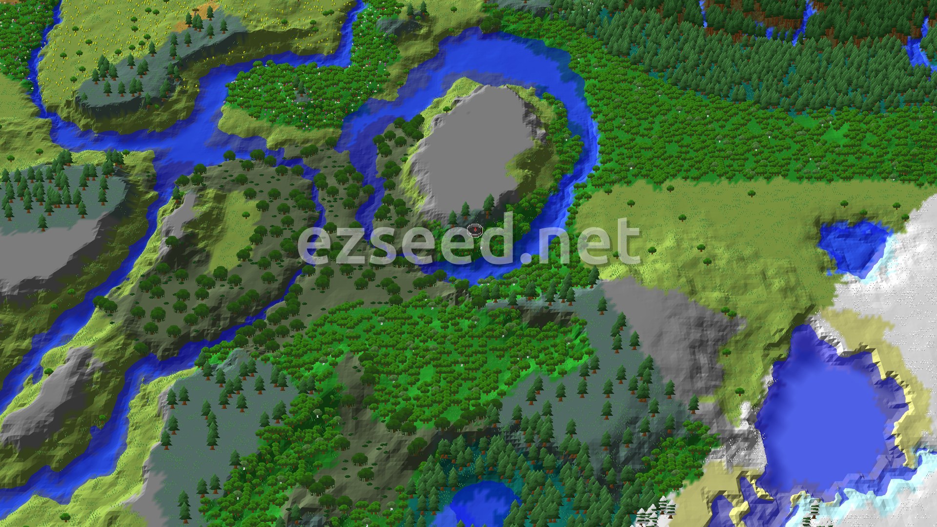 An aerial view of a varied landscape, showing a mix of forests, winding rivers, and prominent windswept hills, with a spawn marker in a forested area.