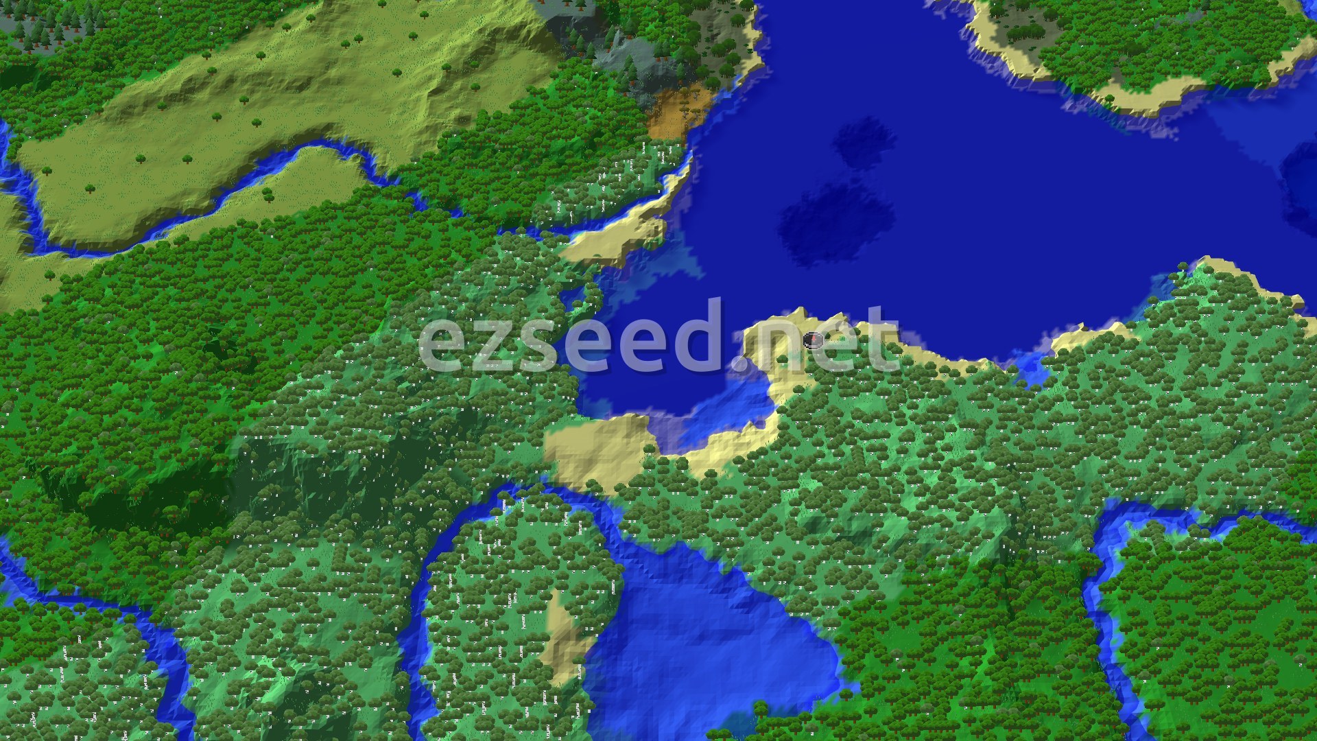 An aerial view of a varied landscape featuring a large body of water, several rivers, and dense forests with patches of lighter green terrain indicating open fields or different tree types. A marker indicates the spawn point within a birch forest.