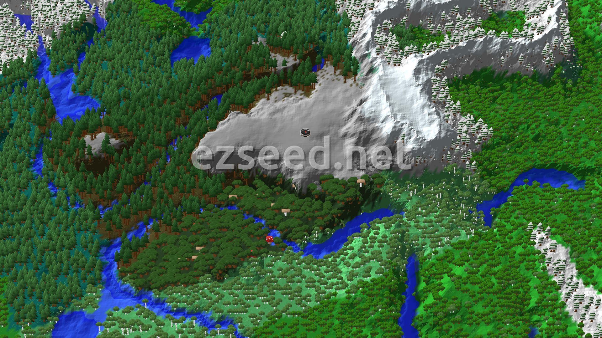 An aerial 3D view of a Minecraft landscape, showing dense pine forests, a snowy mountain peak, winding rivers, and a small spawn marker in the center.
