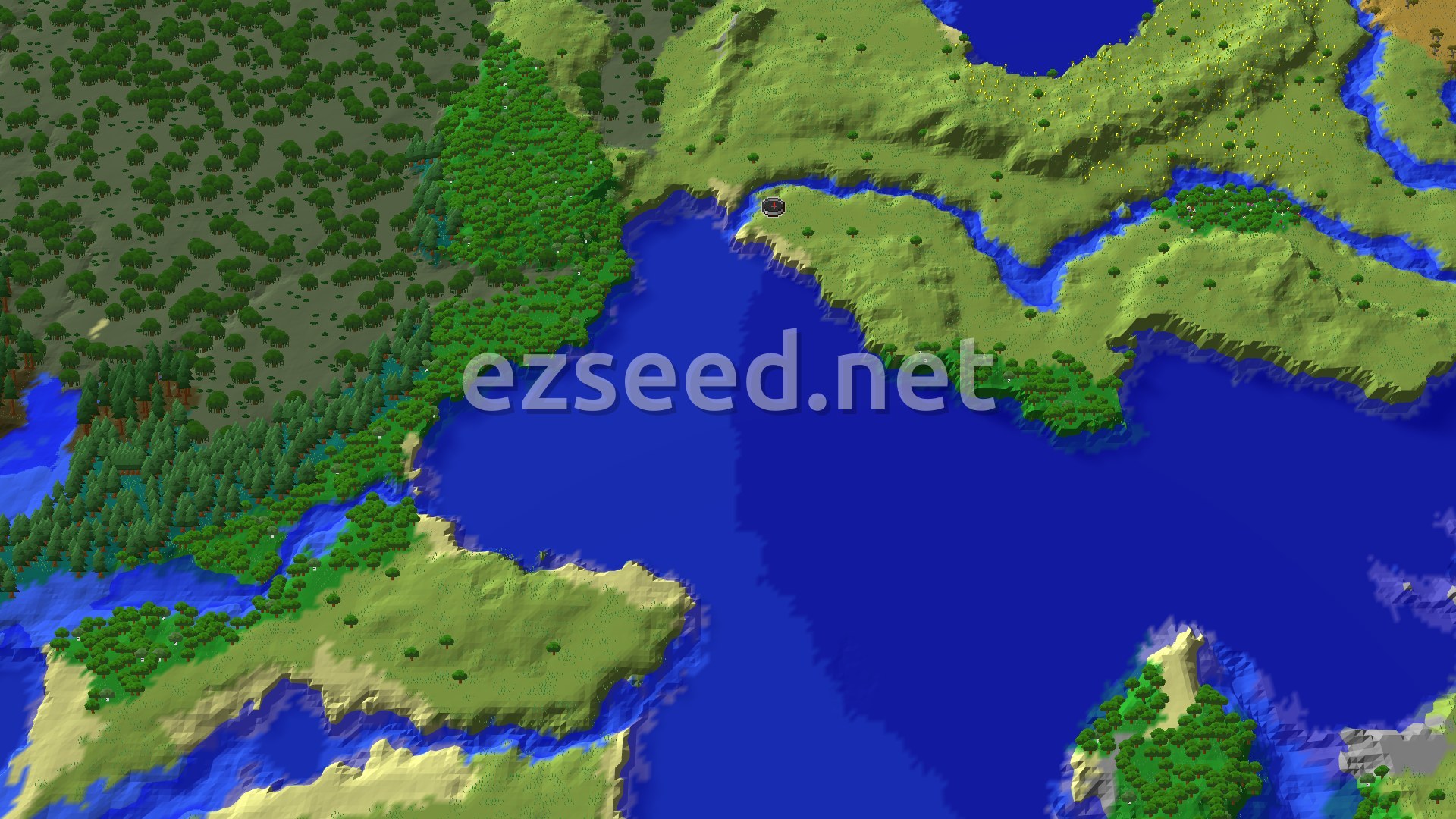 An aerial view of a varied landscape featuring plains, forests, and a significant body of water with a small spawn marker.