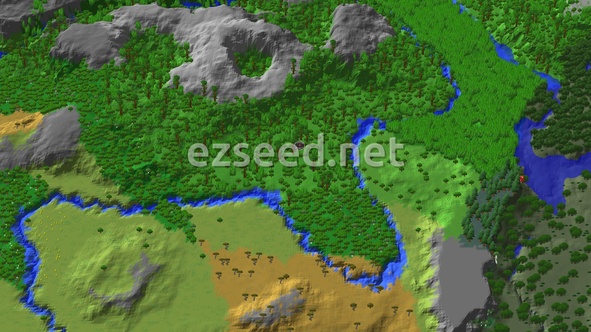 An aerial view of a vibrant green jungle biome, marked with a small red spawn icon. Rivers wind through the dense foliage, and in the distance, grey mountains rise above the tree line.