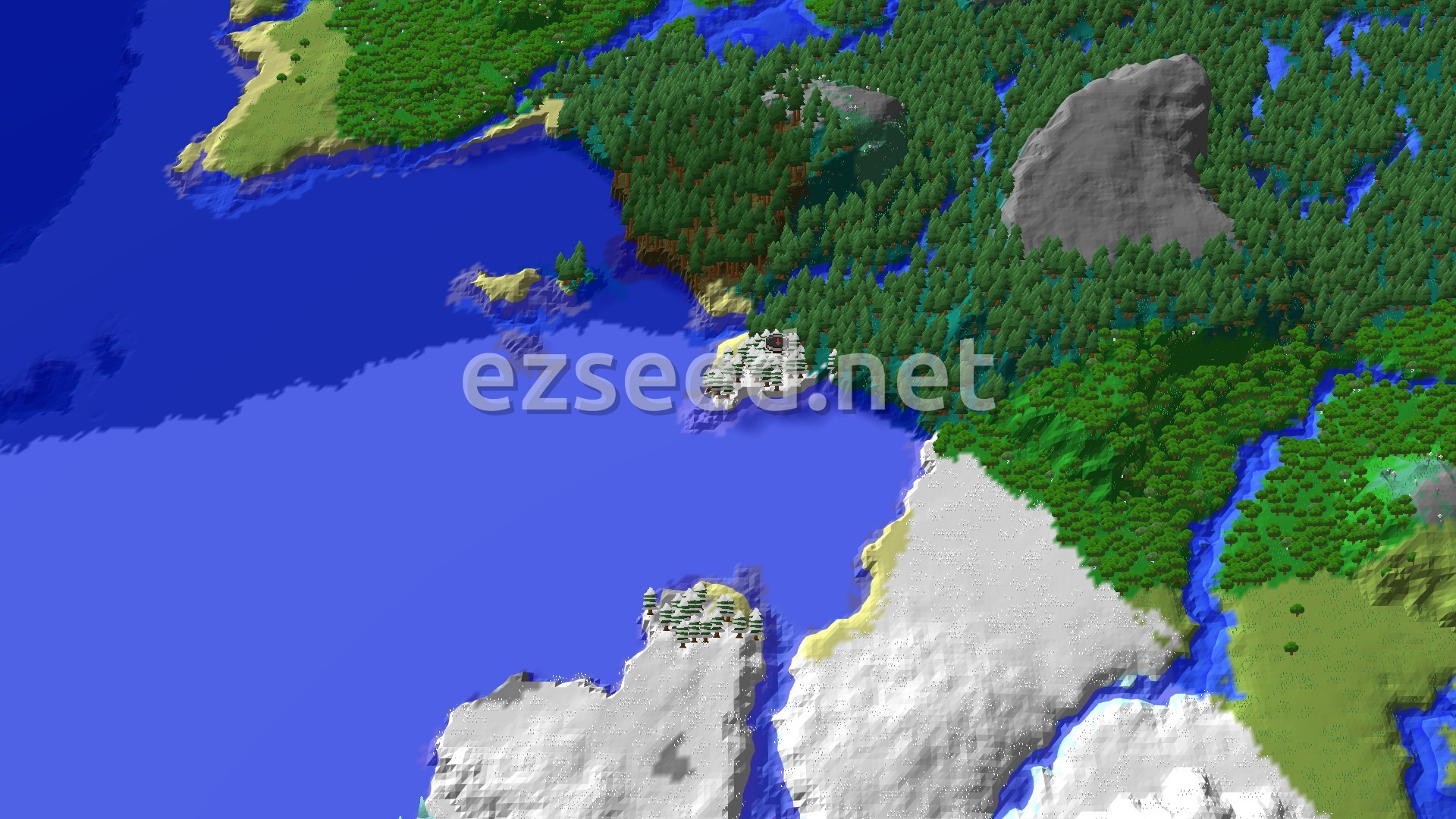 A snowy taiga landscape with evergreen trees and patches of snow, bordering a large frozen ocean with ice floes.