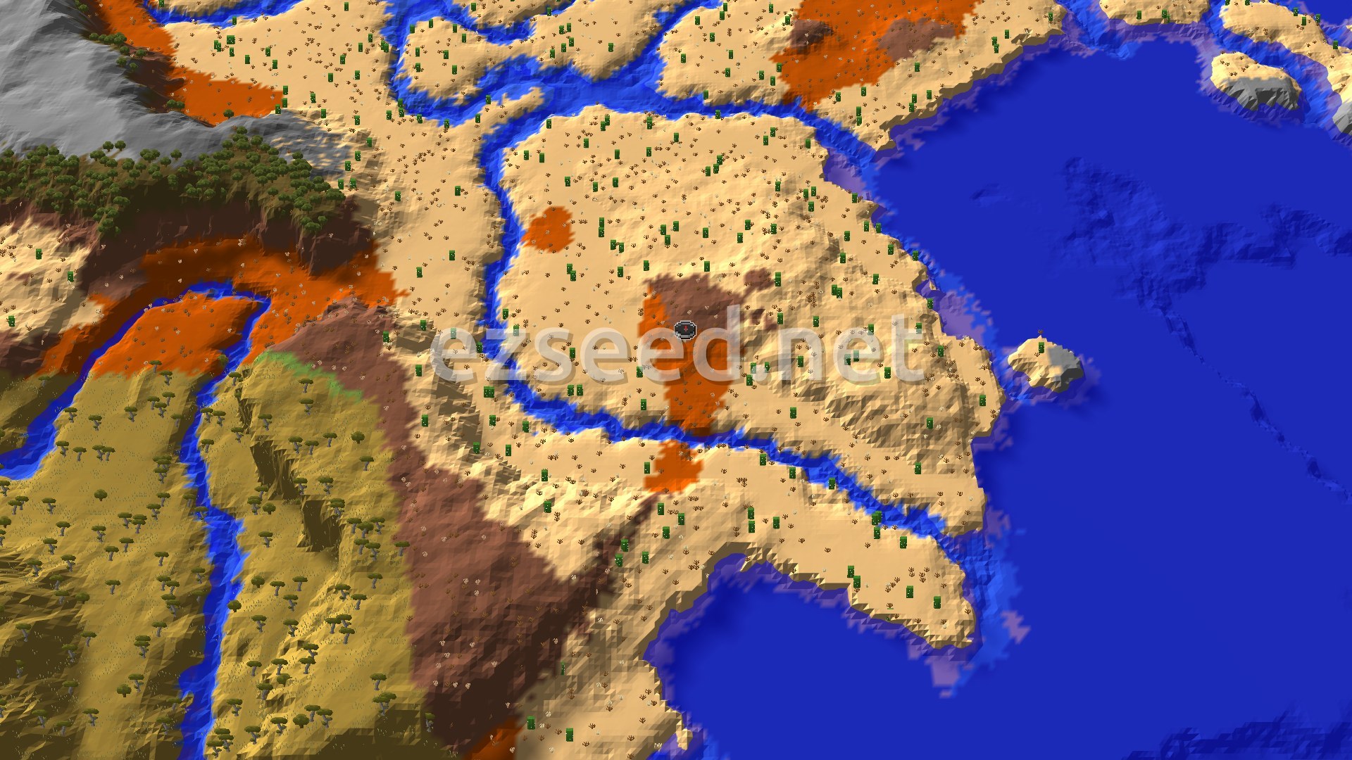 A 3D fly-over of a desert and badlands landscape. The spawn marker sits in an orange-brown badlands area, surrounded by lighter desert and a blue river. Distant green trees mark savannas, and a large blue ocean is to the east.