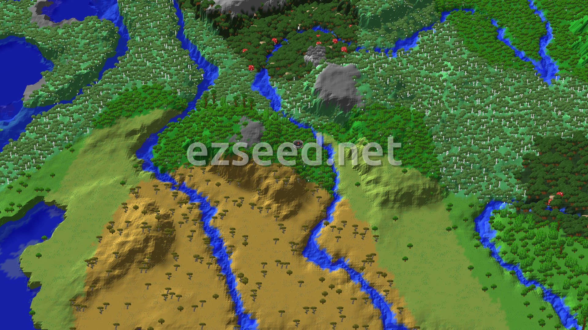 An aerial view shows a dense forest at the center, with a river winding through it and out into a savanna biome. Several other forest types are also visible, with scattered red and brown mushroom patches.